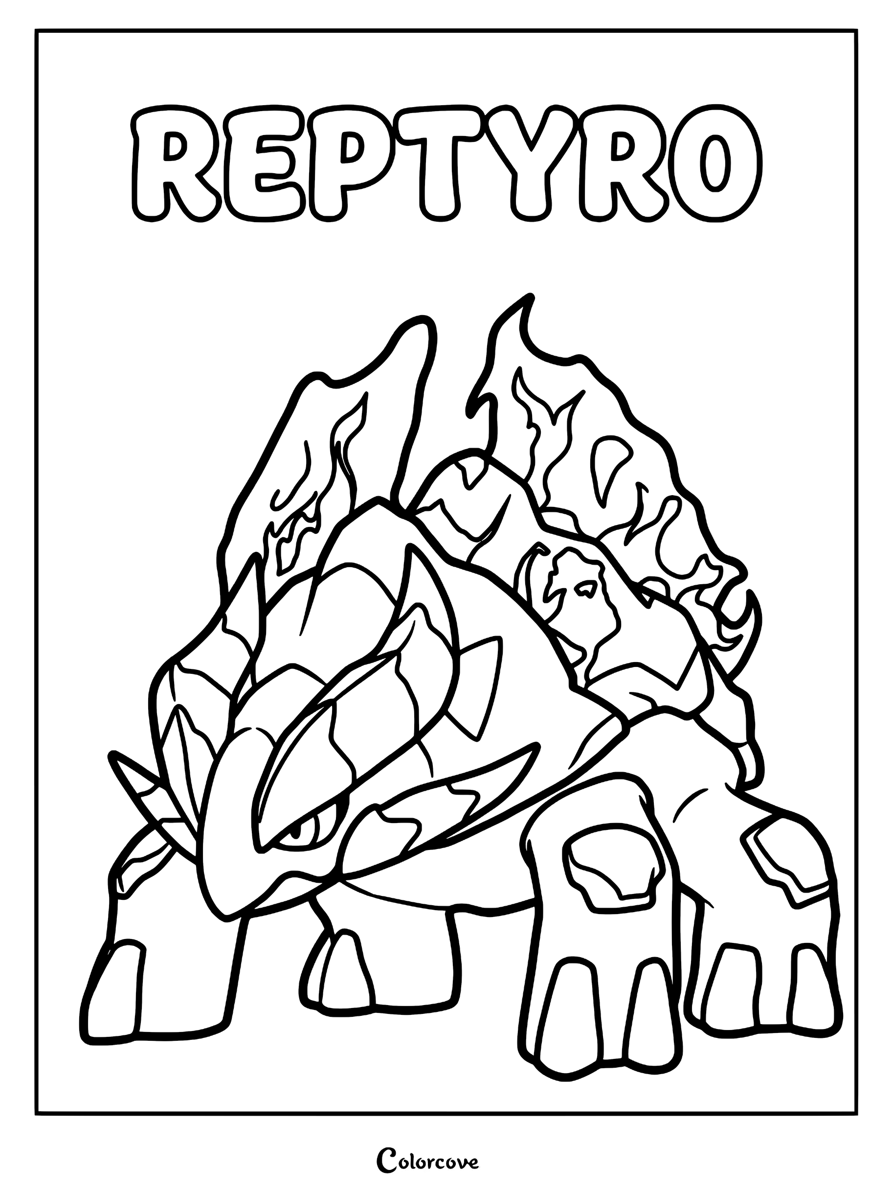 Reptyro from Palworld standing in a powerful pose, featuring its rocky, magma-covered back in a printable coloring page format.