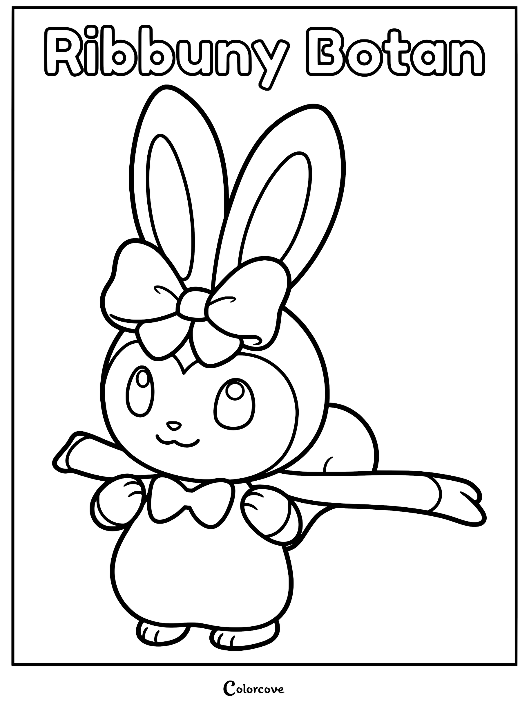 A printable coloring page featuring Ribbuny Botan with its signature large ears, bow, and scarf.