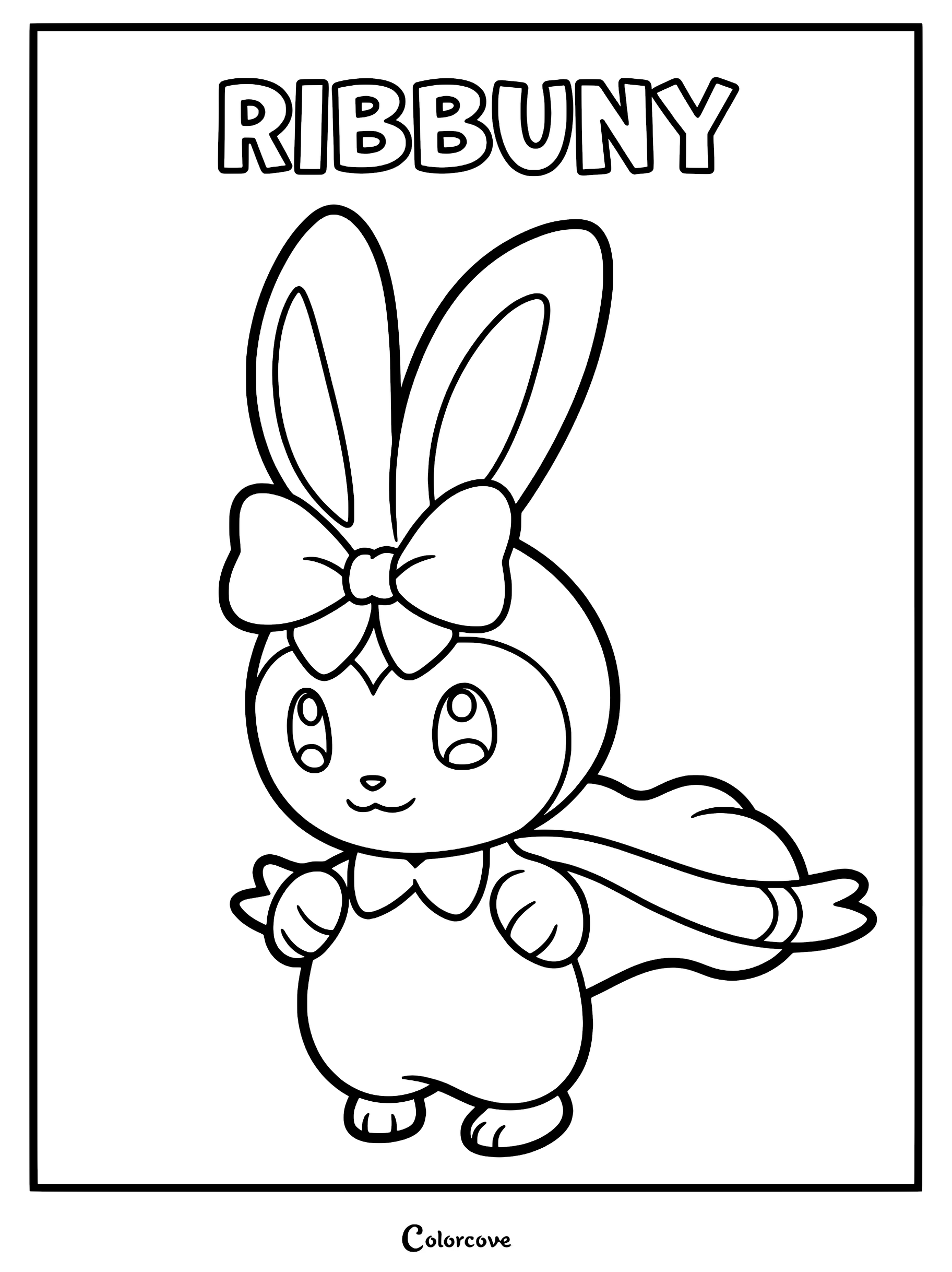 Ribbuny from Palworld with long ears and a large bow, featured on a printable coloring page.