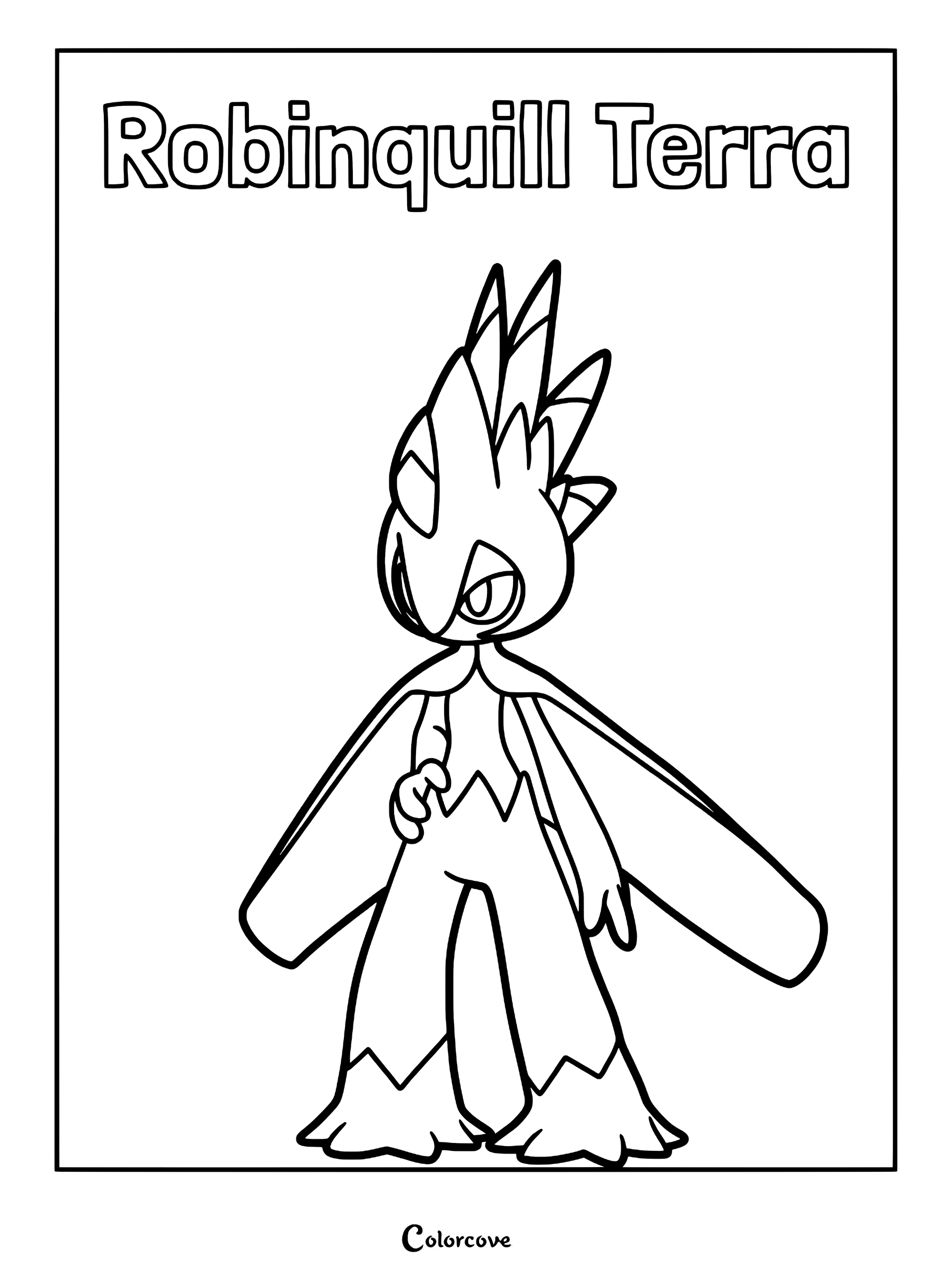 Robinquill Terra standing in a heroic pose, detailed line art coloring page of the Palworld character.