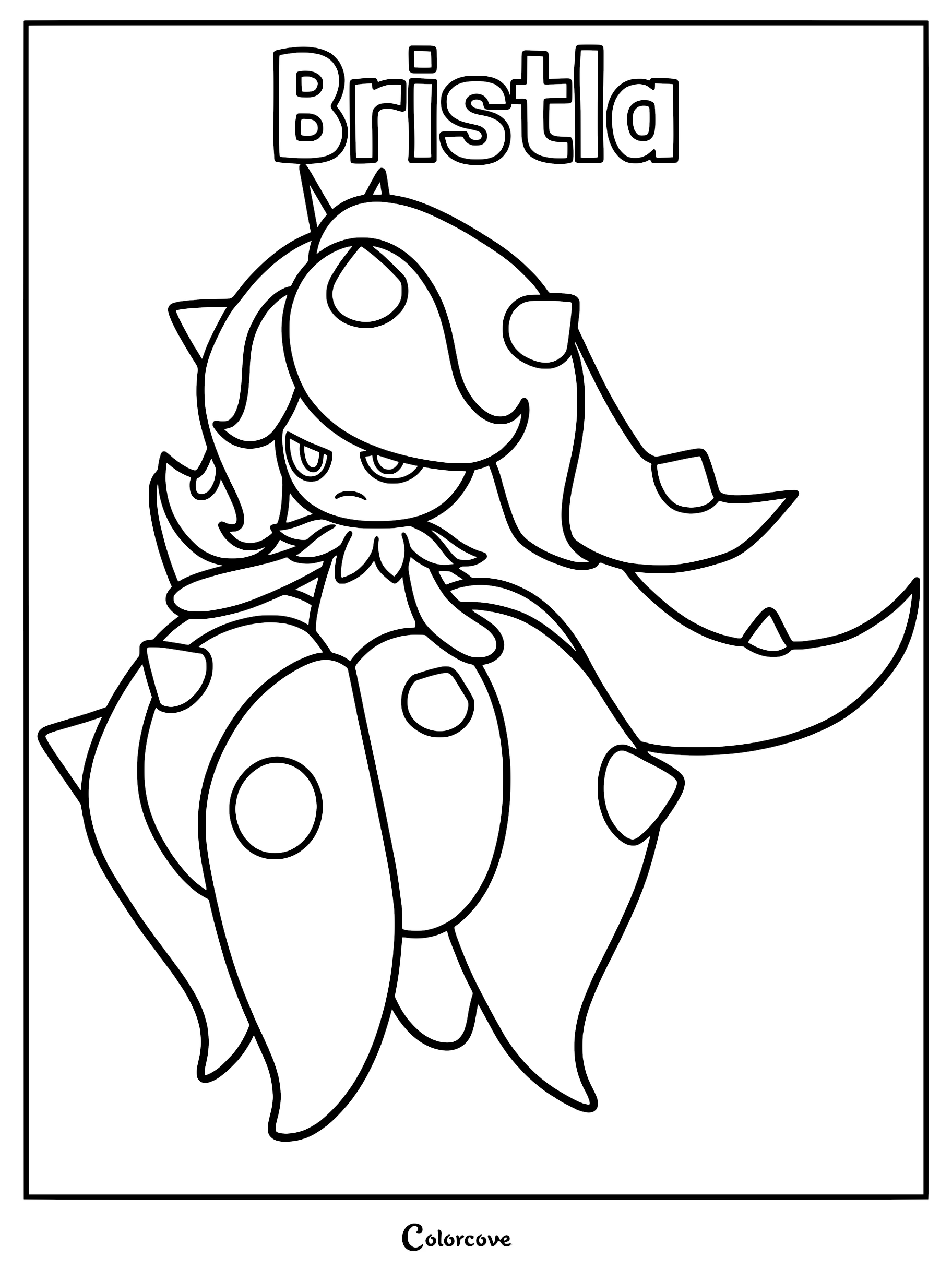 A printable coloring page featuring the Palworld character Bristla with its signature spiky hair and petal-like skirt.