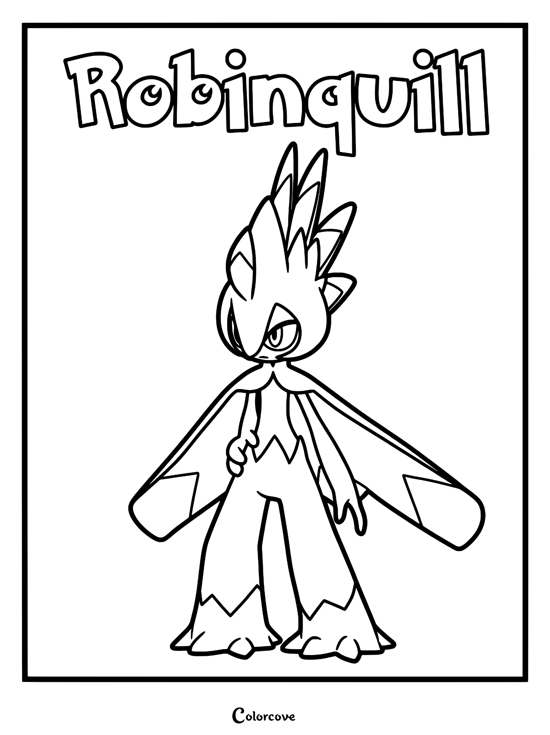 Robinquill from Palworld standing in a heroic pose, featured on a printable coloring page with bold outlines.