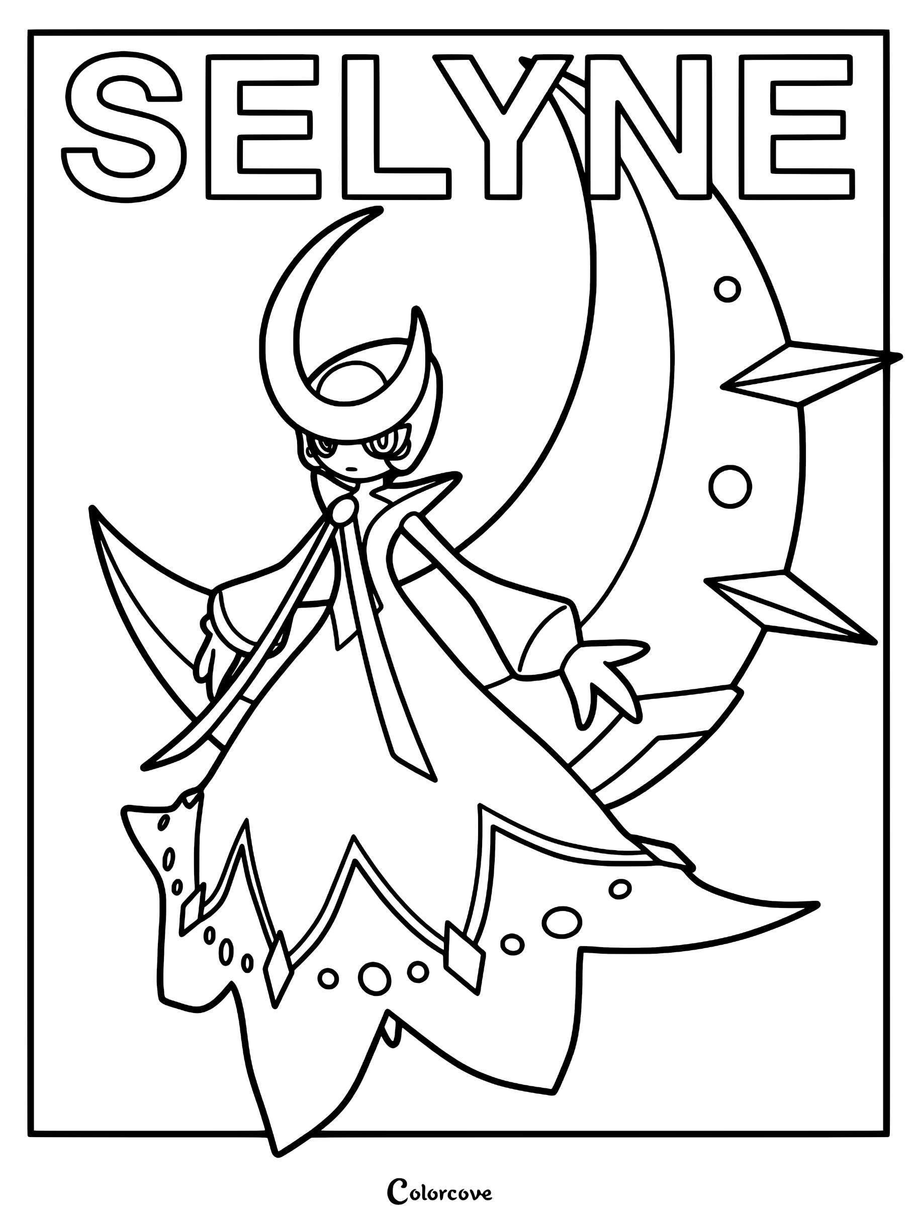 Printable Selyne coloring page featuring the Pal standing in front of a large crescent moon with spikes.