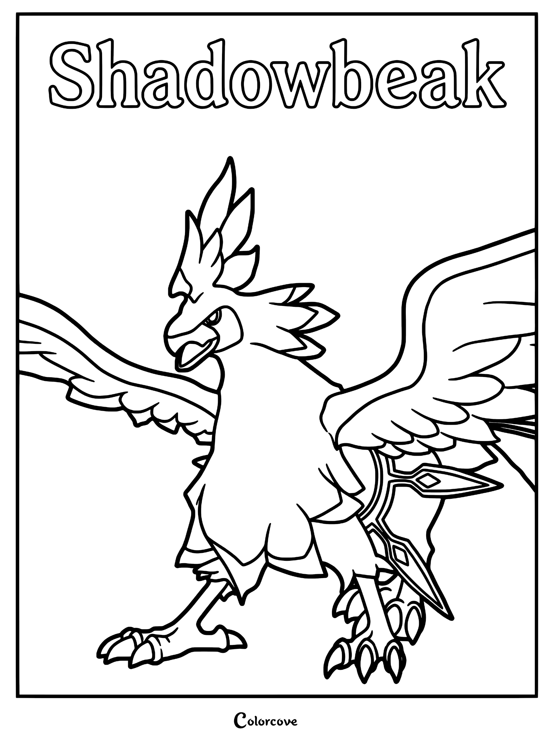 Shadowbeak from Palworld standing with wings spread wide in a detailed line art coloring page.
