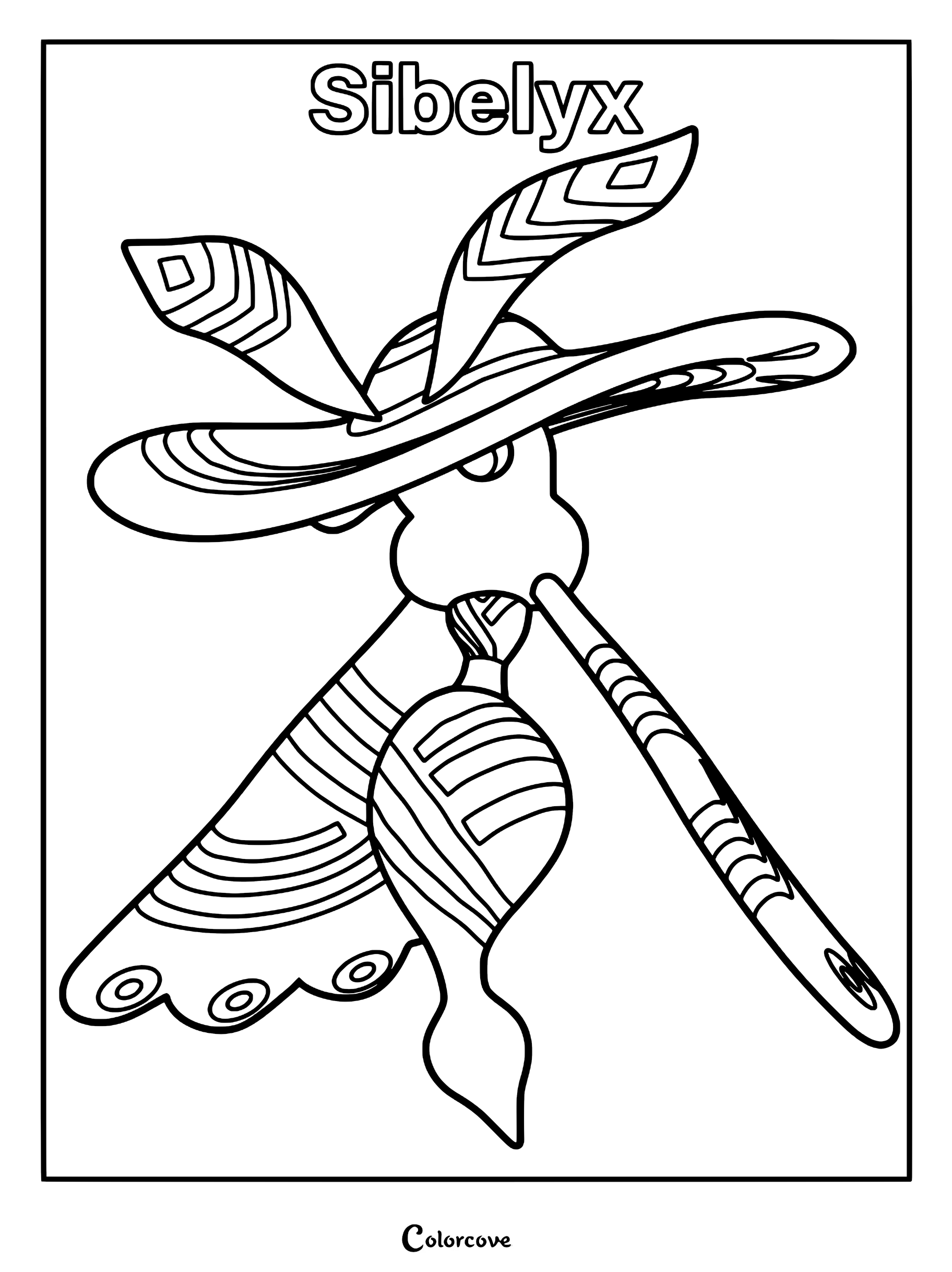 A detailed line art coloring page of the Palworld character Sibelyx, featuring its elegant, flowing hair and distinct patterned wings.