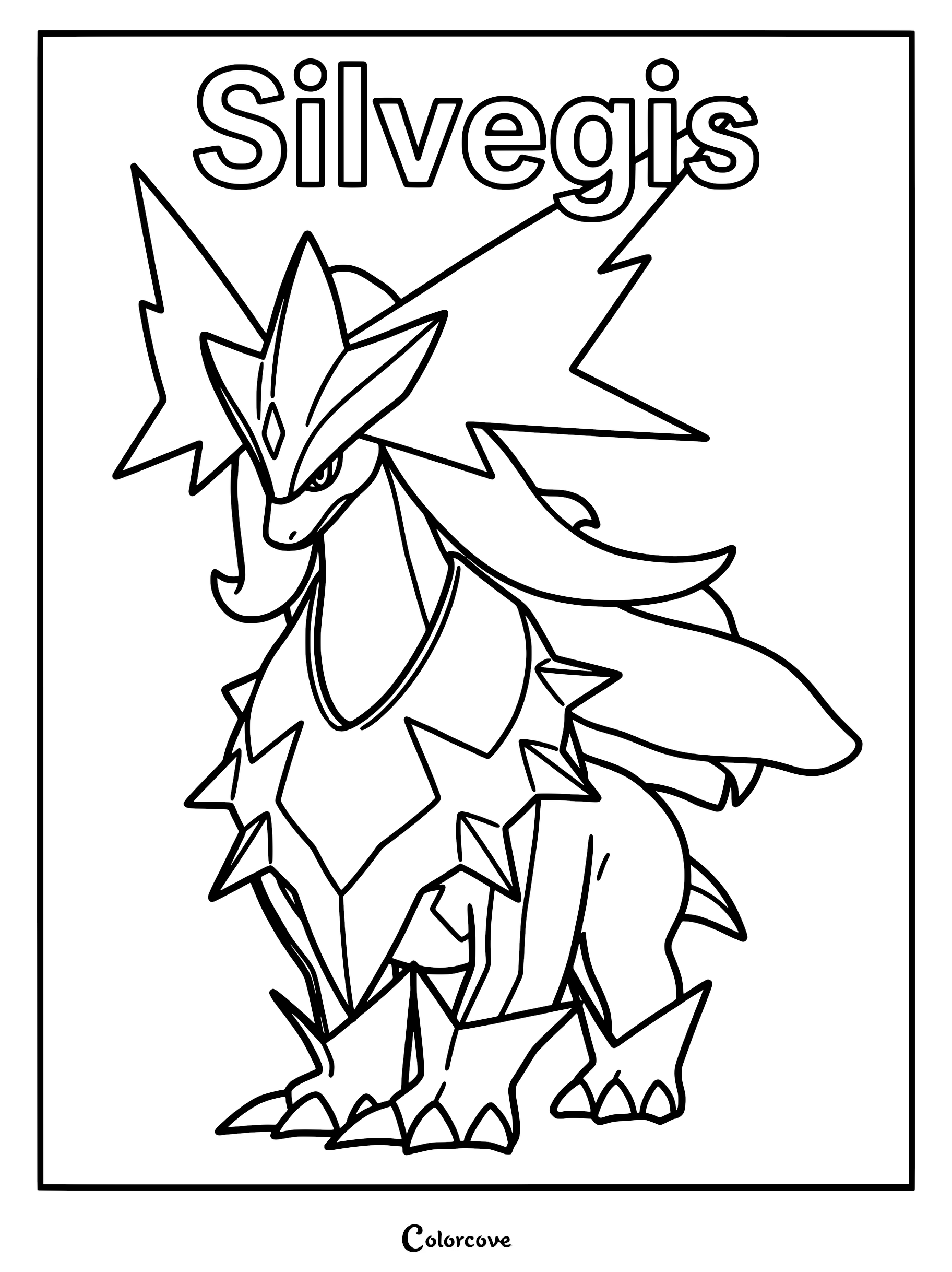 A detailed line art coloring page of the Palworld creature Silvegis, featuring its sharp head crest and spiked collar.