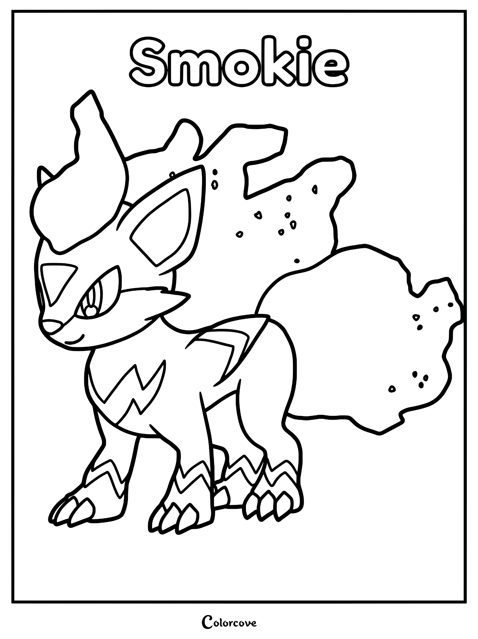 A detailed line art coloring page of the Palworld creature Smokie, featuring its signature smoky mane and tail with lightning-bolt markings on its legs.