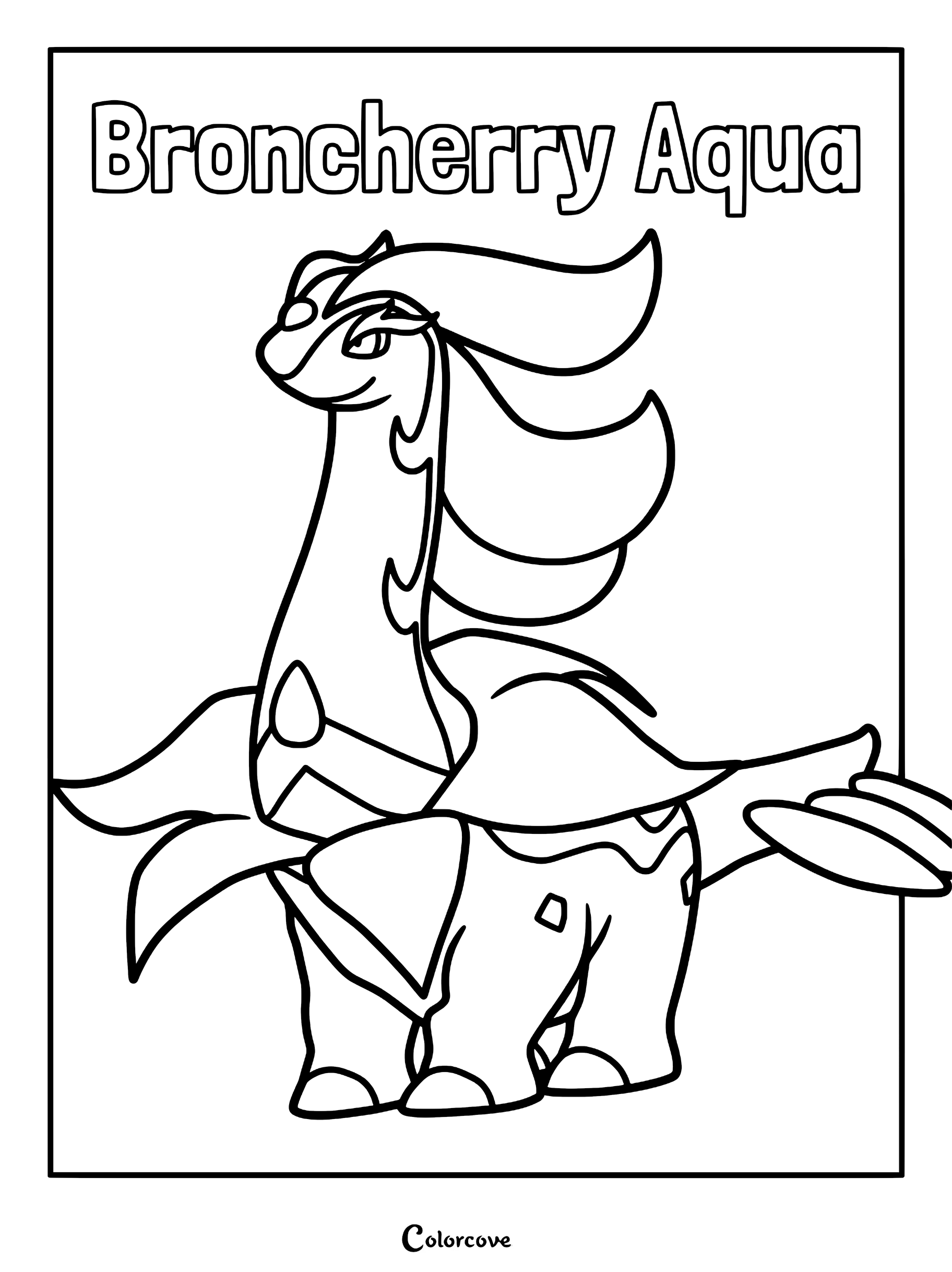 Broncherry Aqua standing tall in this printable Palworld coloring page featuring the water-type Pal with its signature long neck and leaf-like crest.