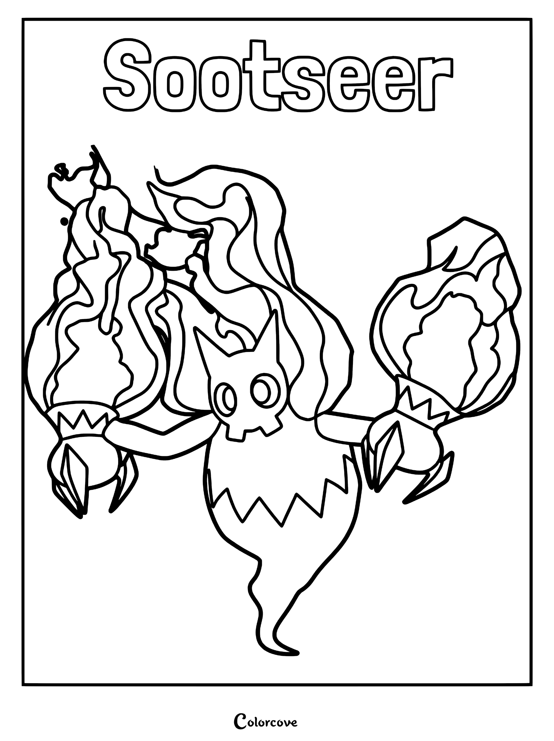 A printable coloring page of the Palworld Pal Sootseer, featuring its ghostly form, skull-like mask, and flaming hands.