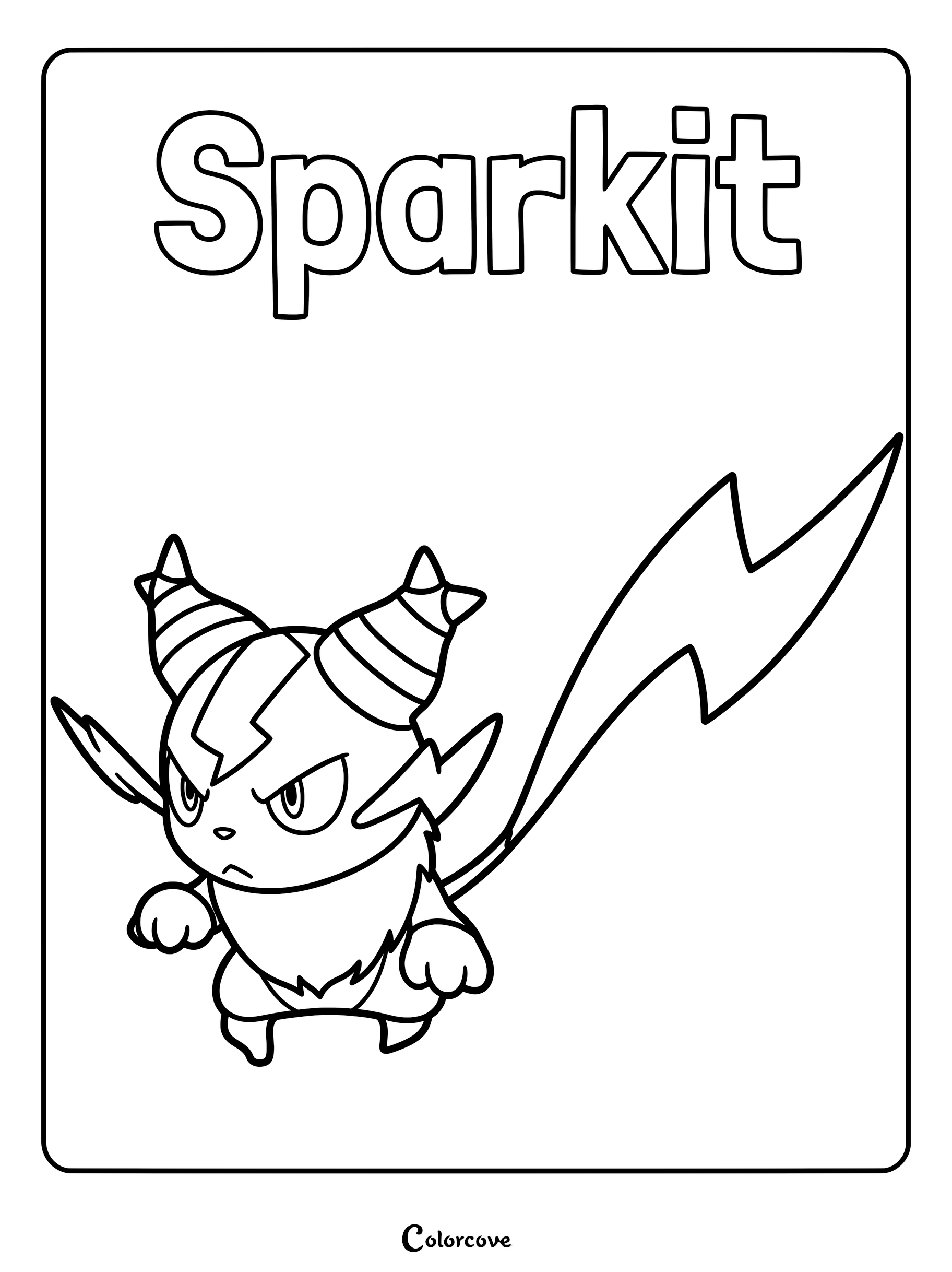 Sparkit from Palworld with lightning bolt tail and striped horns in a printable coloring page format.