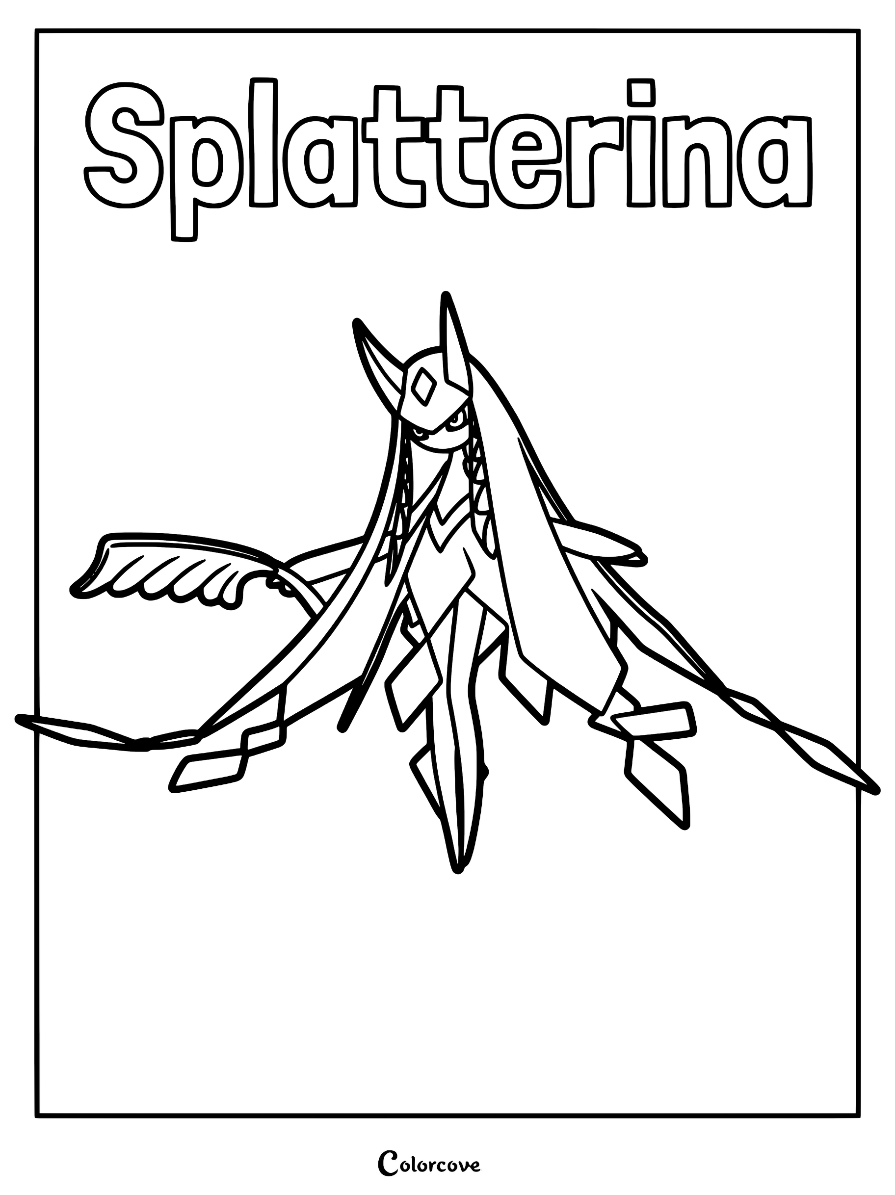 A detailed line art coloring page of the Palworld character Splatterina, featuring its elegant, flowing design and sharp, angular features.