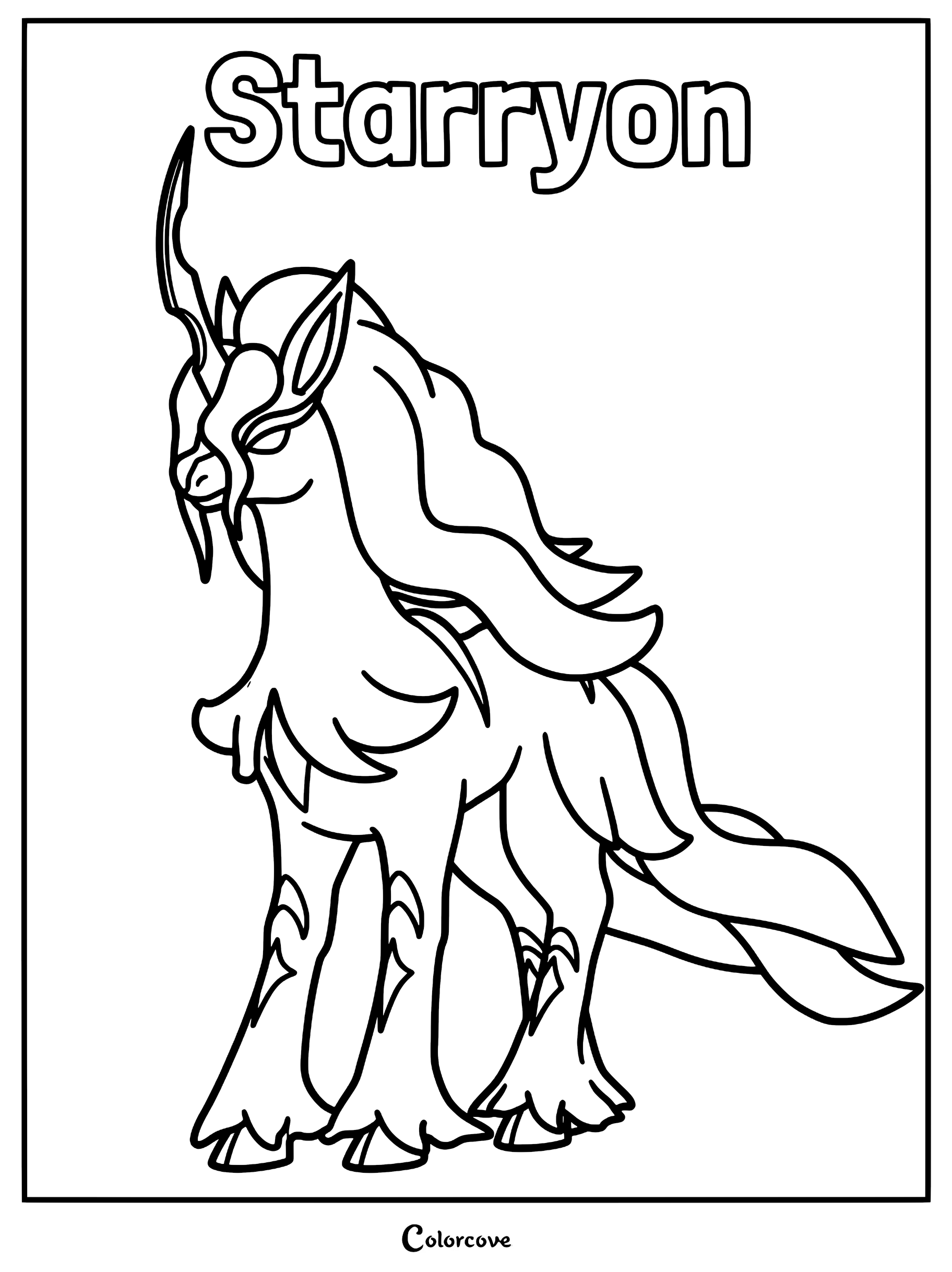 Starryon from Palworld standing in a majestic pose, featuring its flowing mane and single horn in a printable coloring page format.