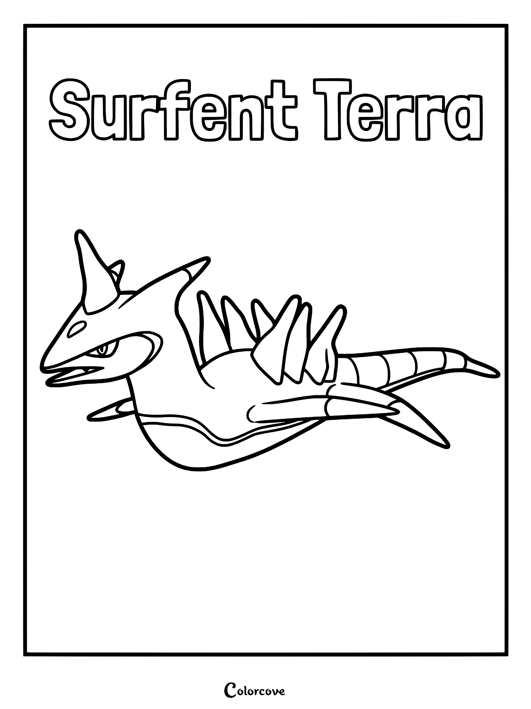 A printable coloring page featuring the Palworld Pal Surfent Terra with its distinct horn and rocky back spikes.