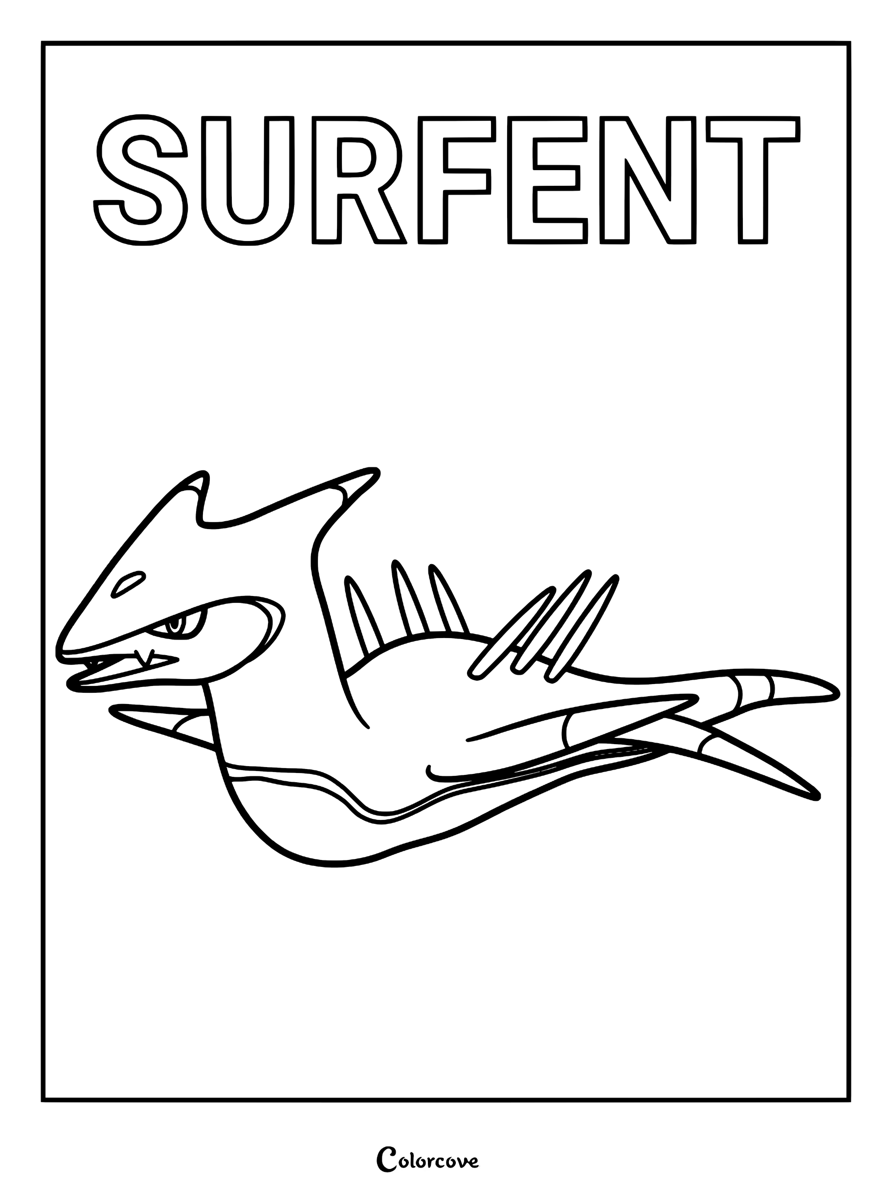 A detailed line art coloring page of the Palworld creature Surfent, featuring its sleek, serpentine body and sharp dorsal fins.