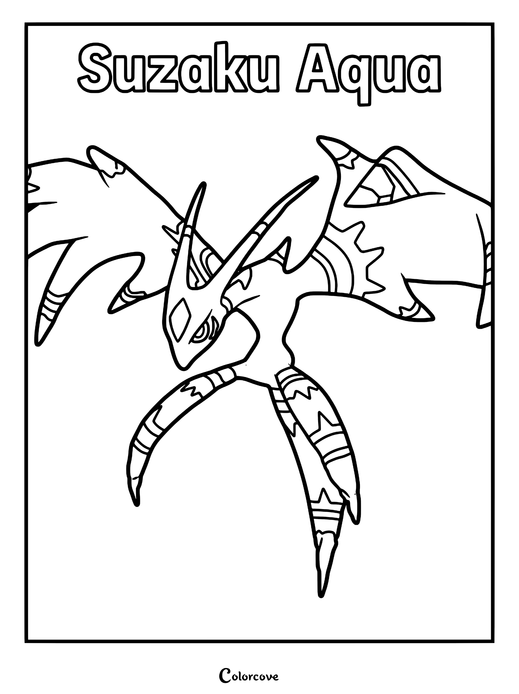 A detailed line art coloring page of the Palworld Pal Suzaku Aqua with its distinct wings and sharp features.