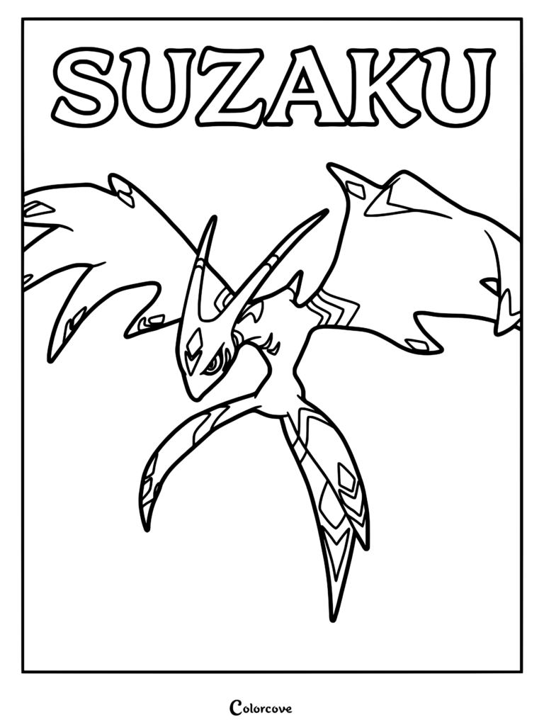 A detailed line art coloring page of the Palworld Pal Suzaku, featuring its large wings and sharp, bird-like features.