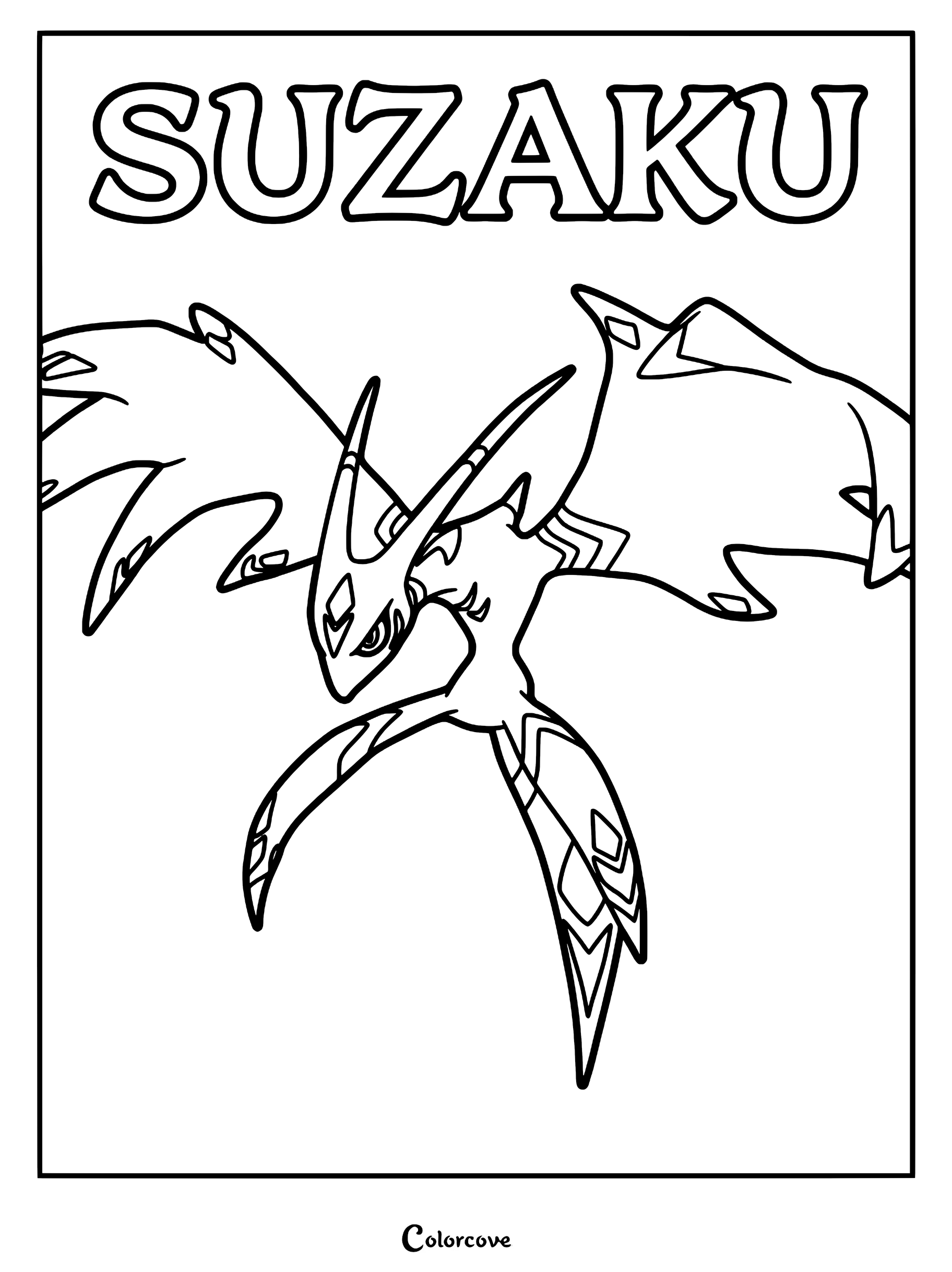 A detailed line art coloring page of the Palworld Pal Suzaku, featuring its large wings and sharp, bird-like features.
