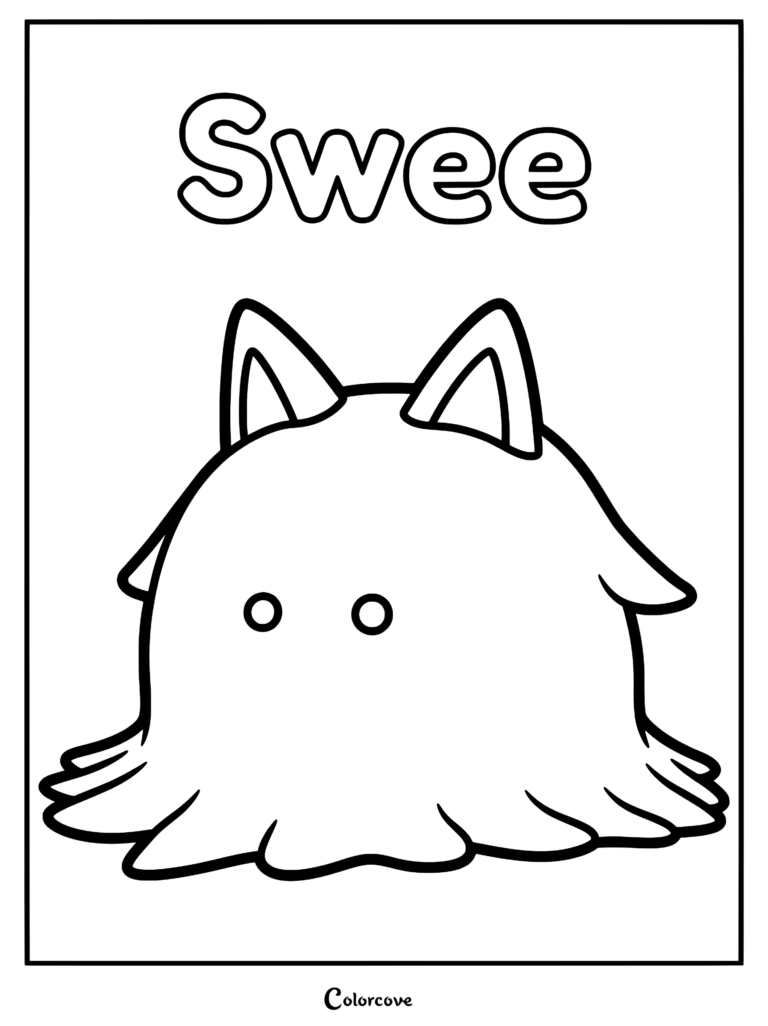 A simple line art coloring page of the Palworld character Swee with its signature rounded body and pointed ears.