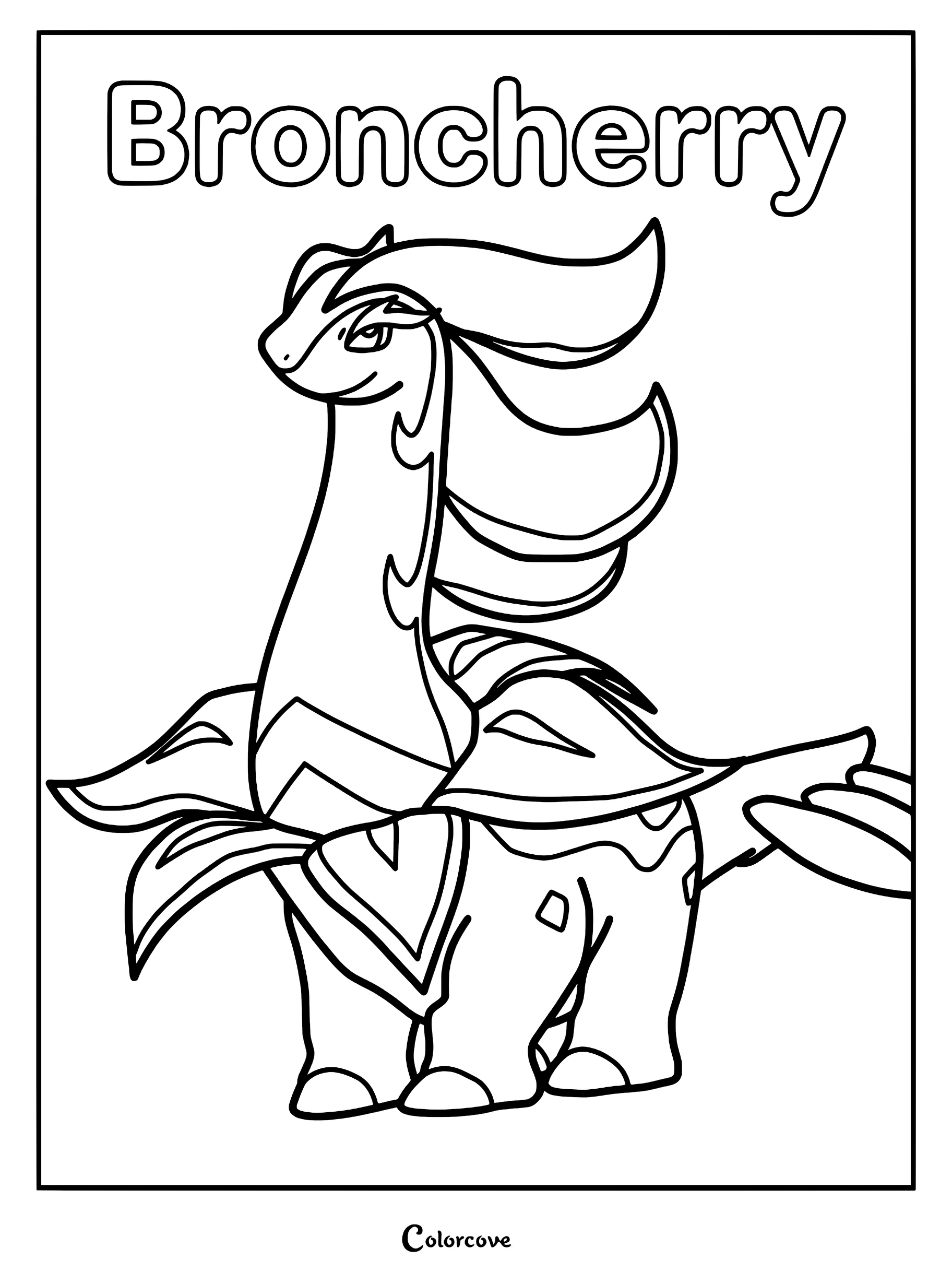 A printable coloring page featuring the Palworld Pal Broncherry with its long neck and leafy collar.