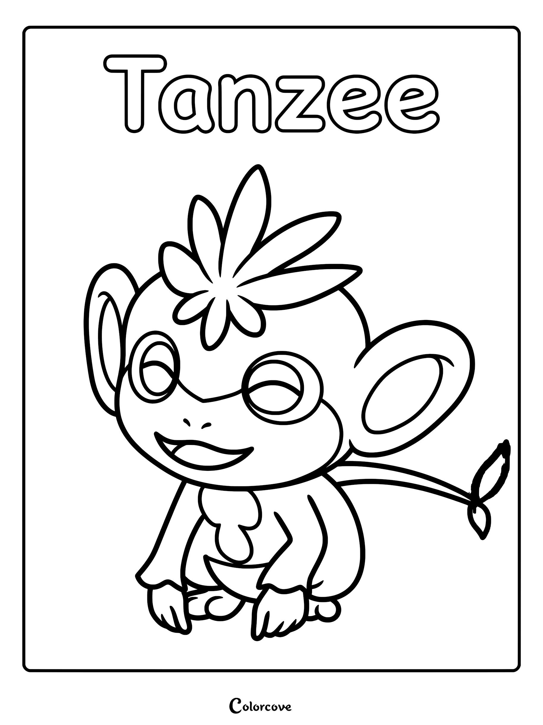 Tanzee from Palworld with leaf hair and large ears, printable coloring page line art.