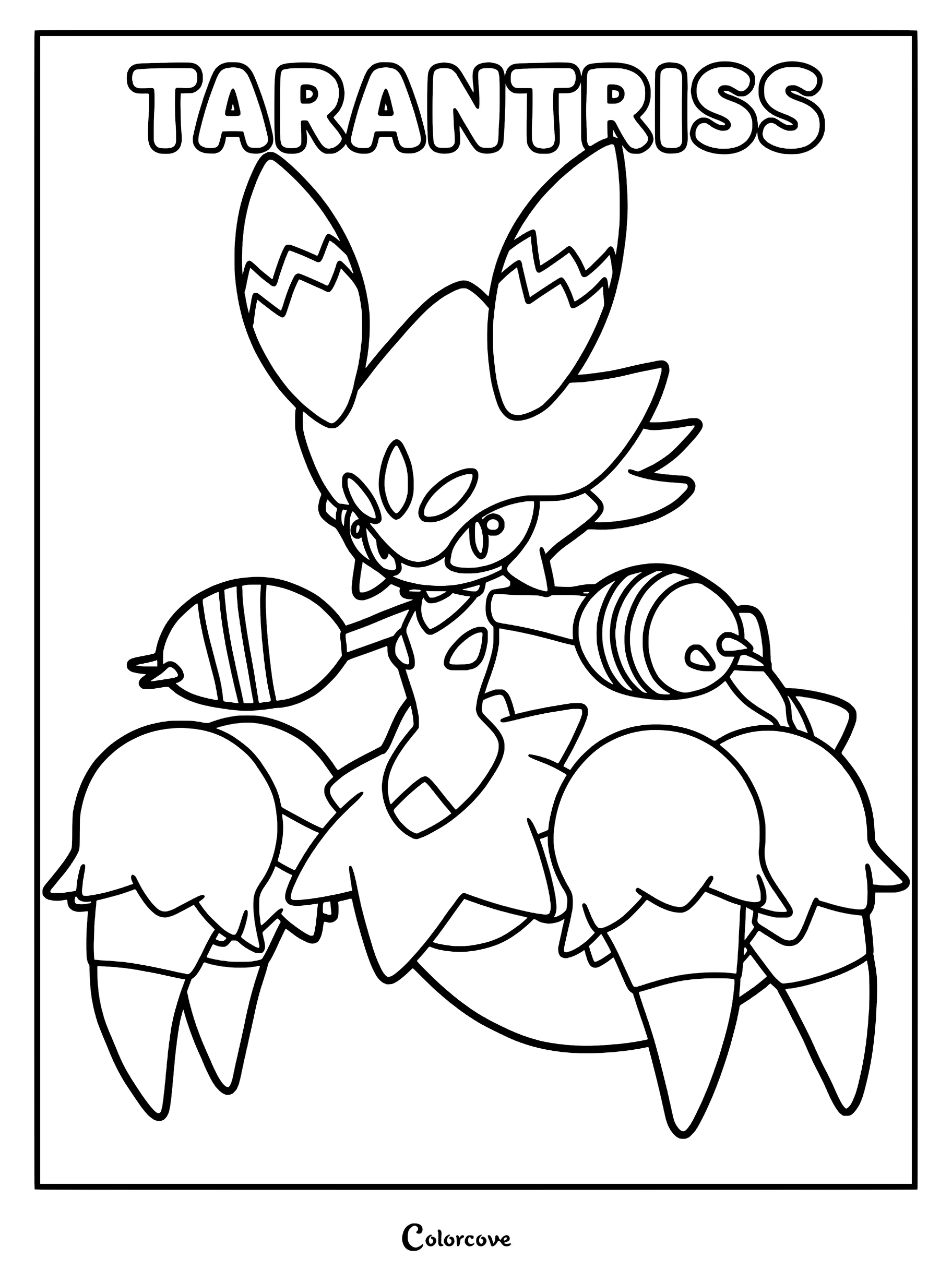 Tarantriss from Palworld standing in a dynamic pose, featuring its signature pincers and spider-like legs in a detailed line art coloring page.