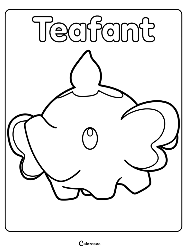 A simple line art coloring page of the Palworld character Teafant with its signature teapot-like head and elephant ears.