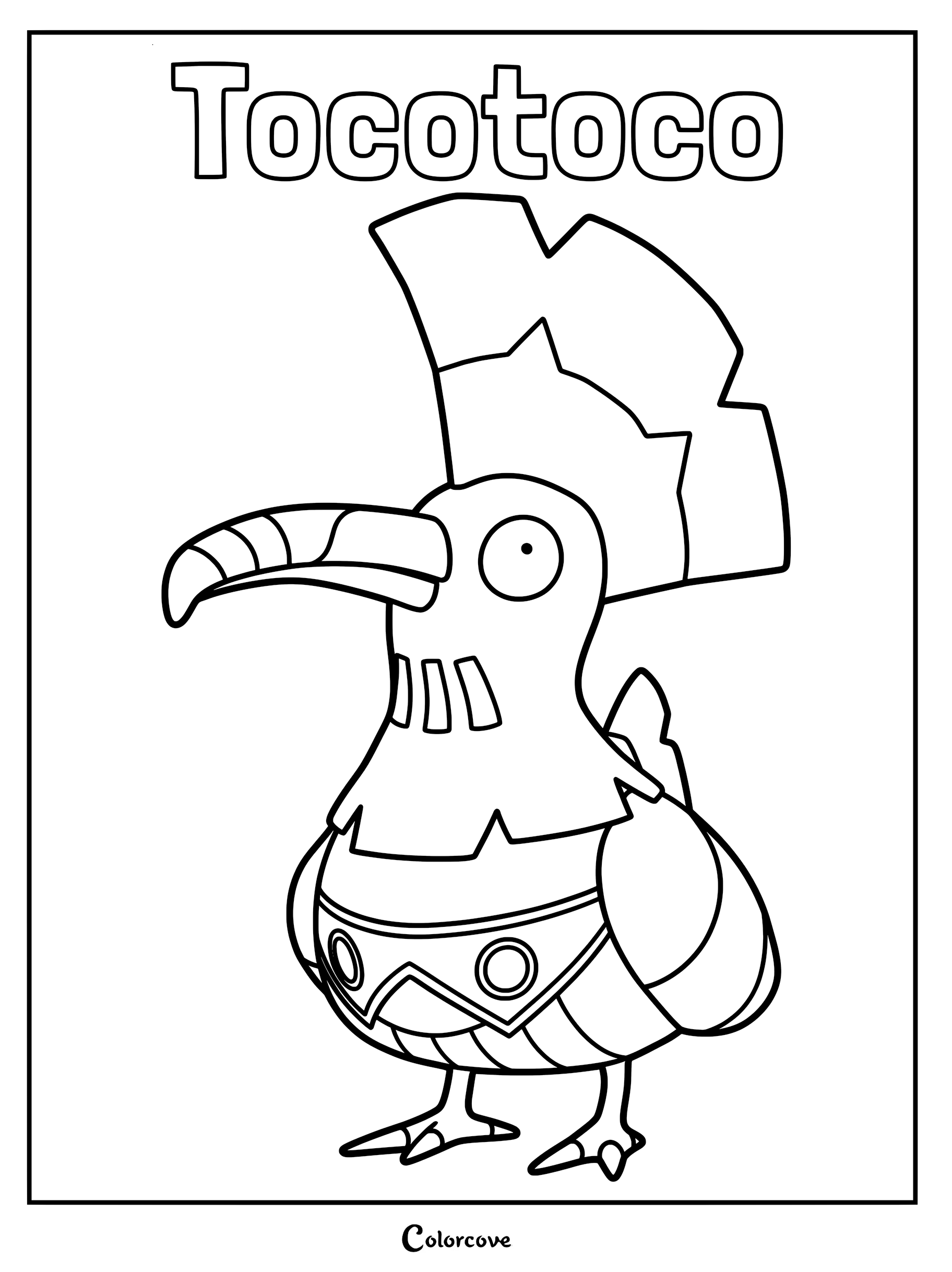 Tocotoco from Palworld standing in a simple line art coloring page with its large beak and crest visible.