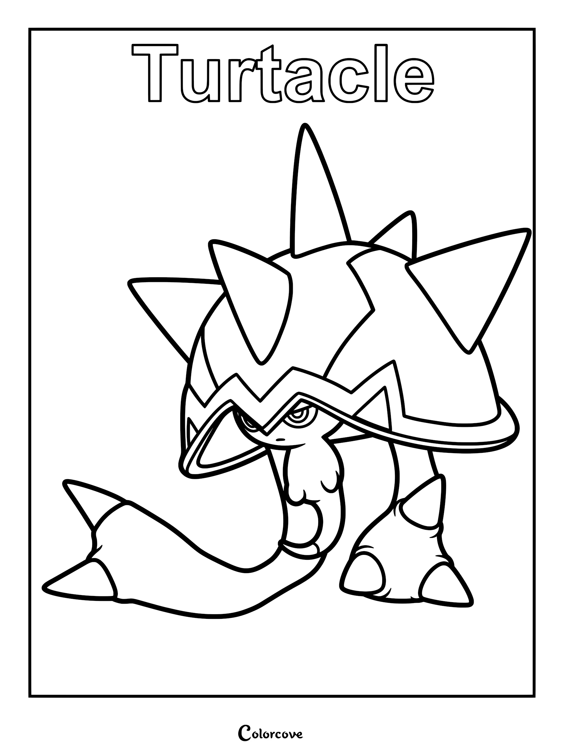 Turtacle from Palworld standing with its spiked shell, printable line art coloring page.