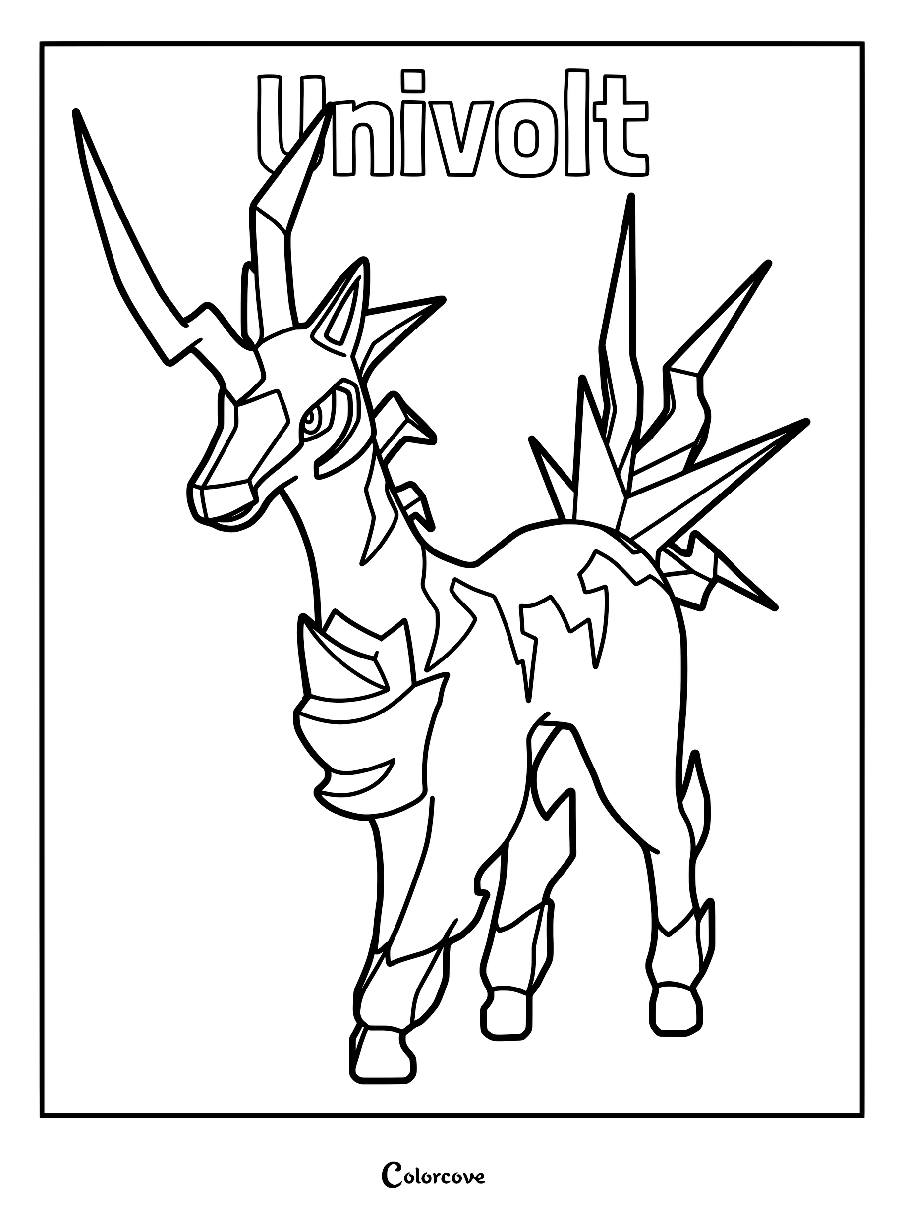 Univolt from Palworld standing in a side profile view, featuring its signature lightning-bolt horn and crystalline tail, presented as a clean line art coloring page.