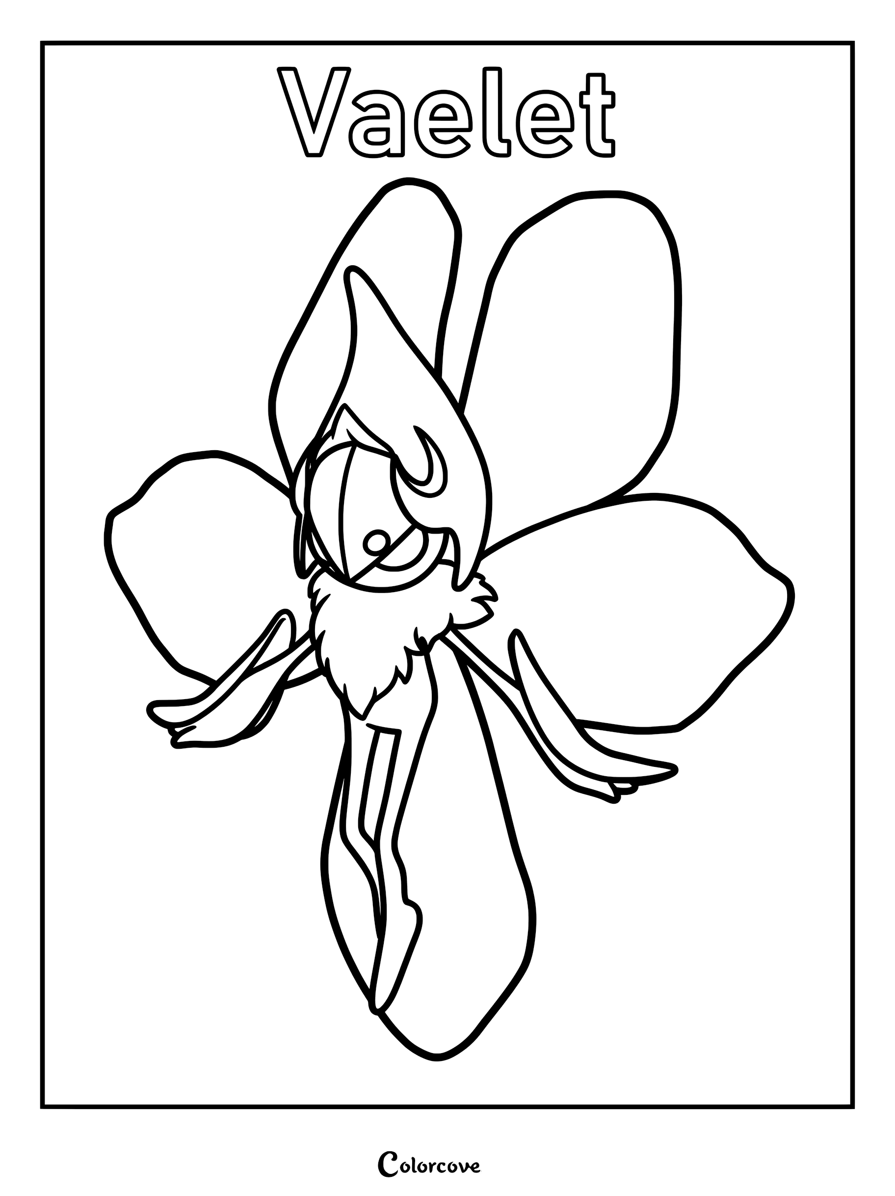 A printable coloring page featuring the Palworld character Vaelet with its distinct flower-like petals and slender form.