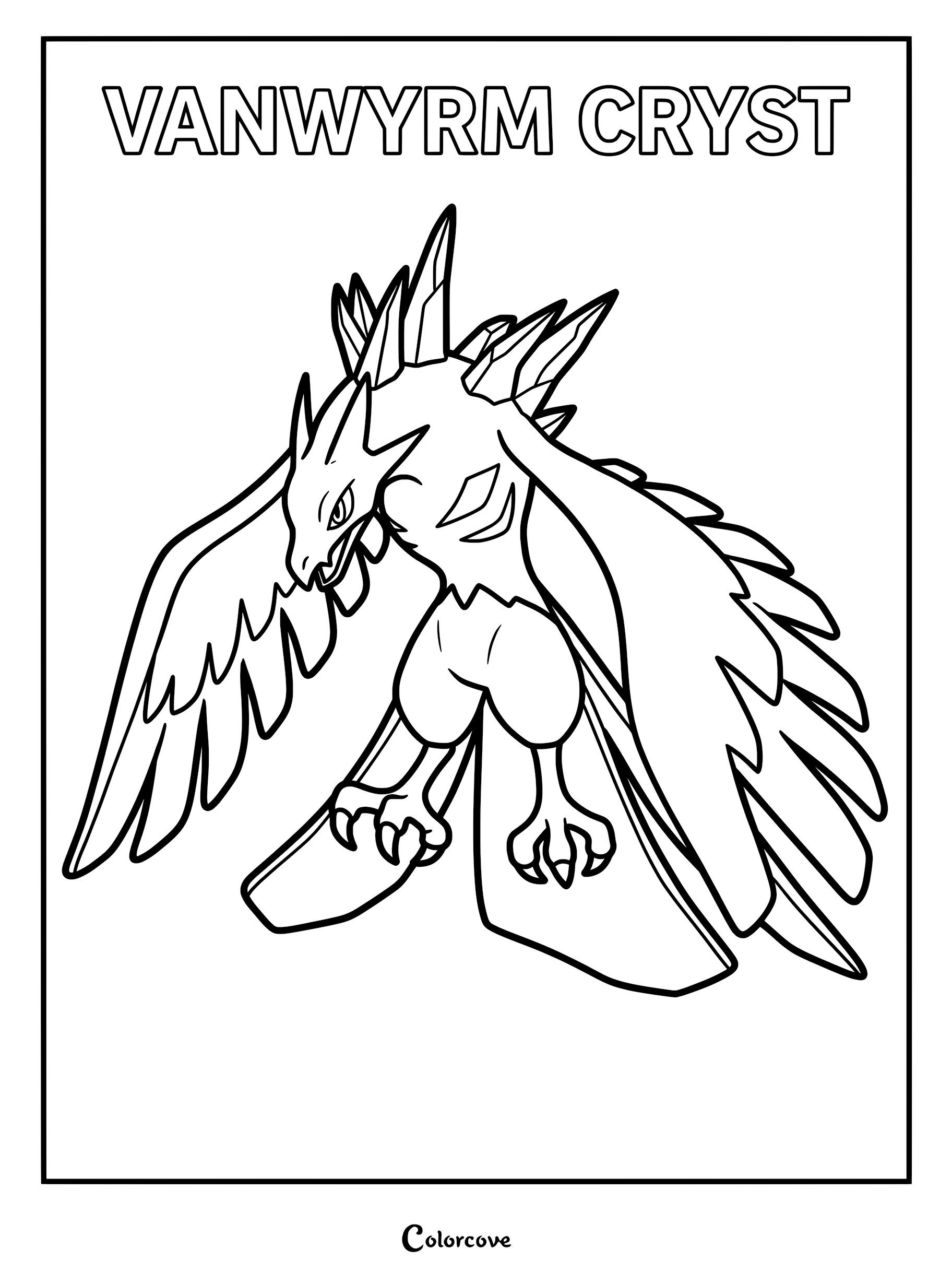 A detailed line art coloring page of the Palworld Pal Vanwyrm Cryst, featuring its icy wings and sharp crystal spikes.