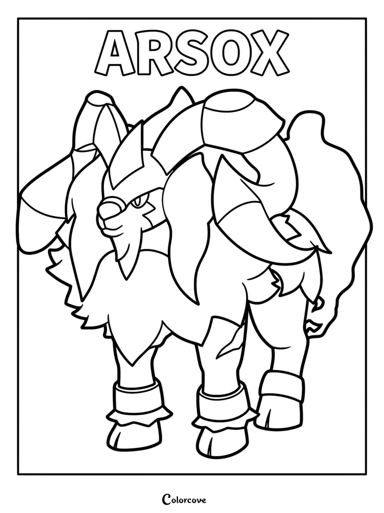 Arsox from Palworld standing in a bold line art coloring page style with large horns and fluffy mane.