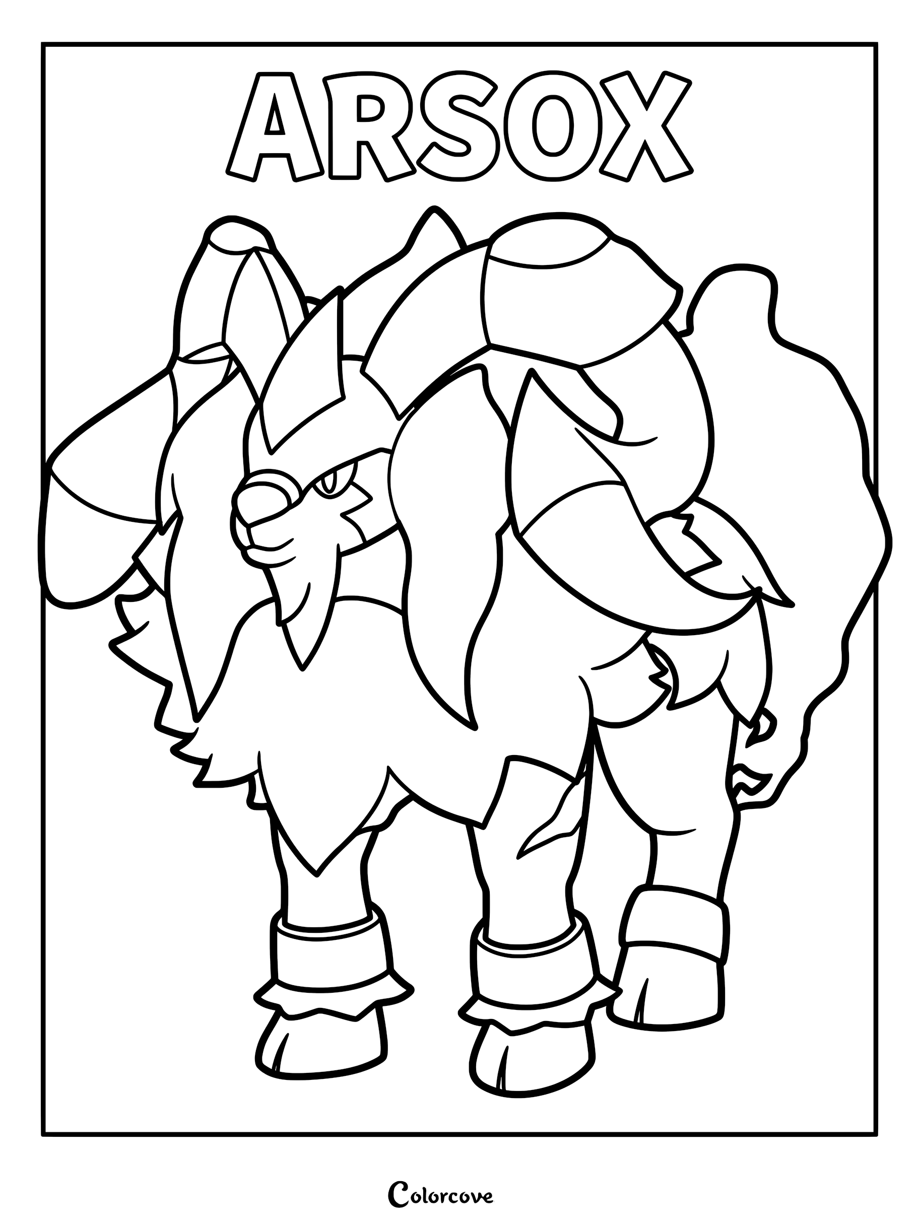 Arsox from Palworld standing in a bold line art coloring page style with large horns and fluffy mane.
