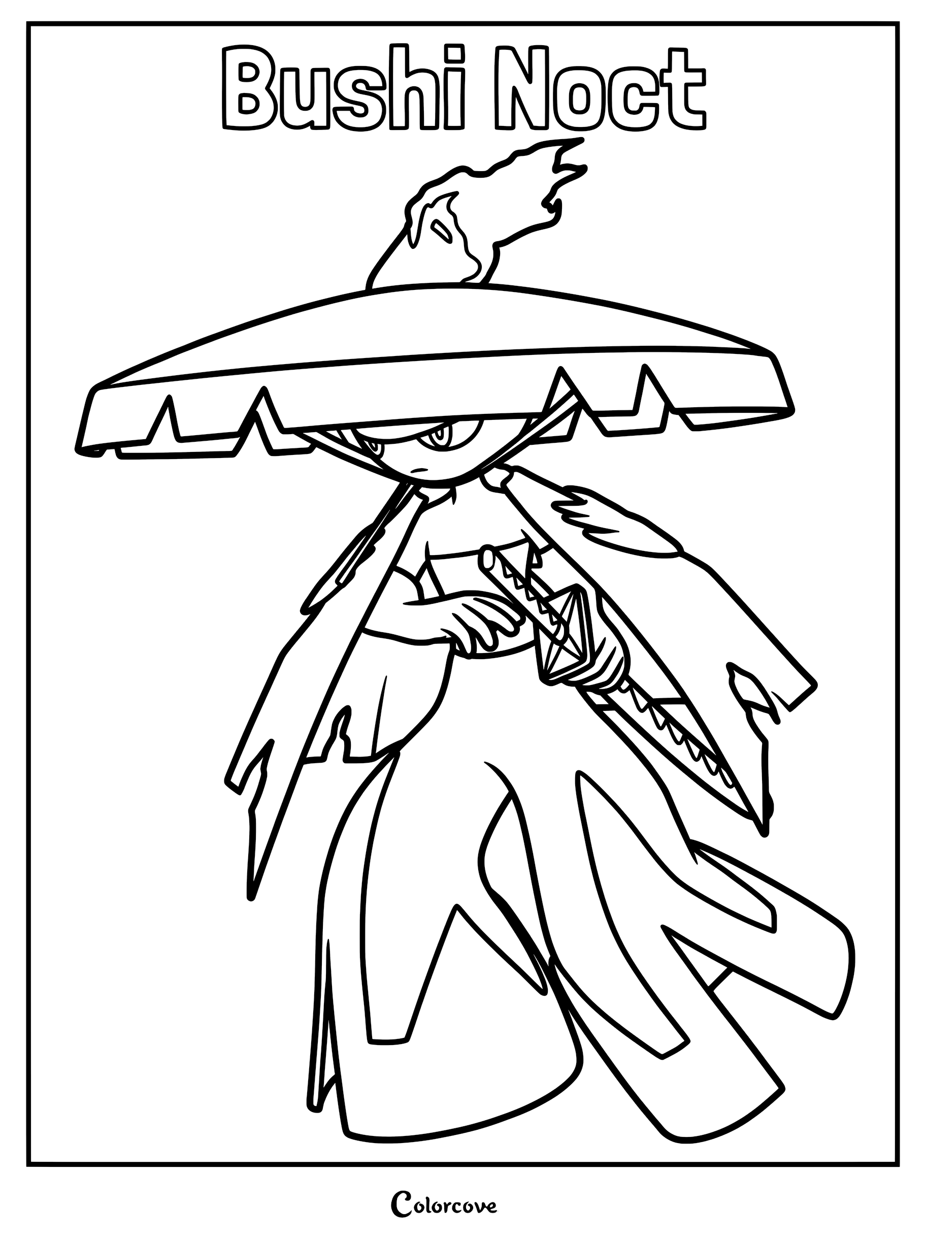 Bushi Noct Palworld character holding a katana sword under a wide hat, printable coloring page.