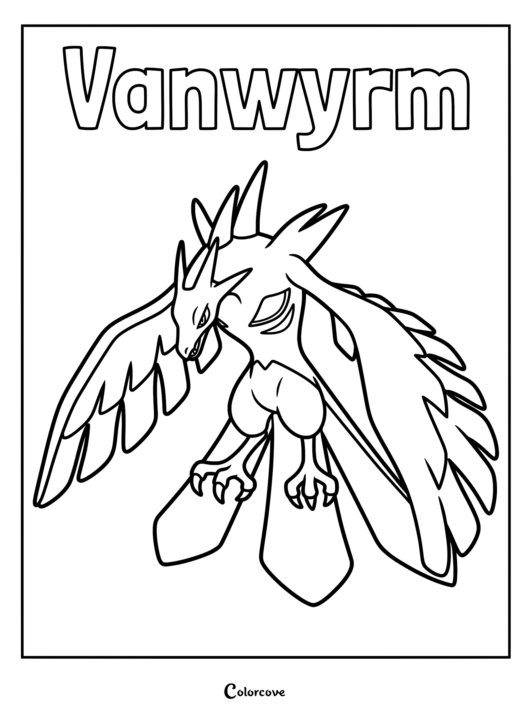A detailed line art coloring page of the Palworld Pal Vanwyrm with large wings and sharp talons.