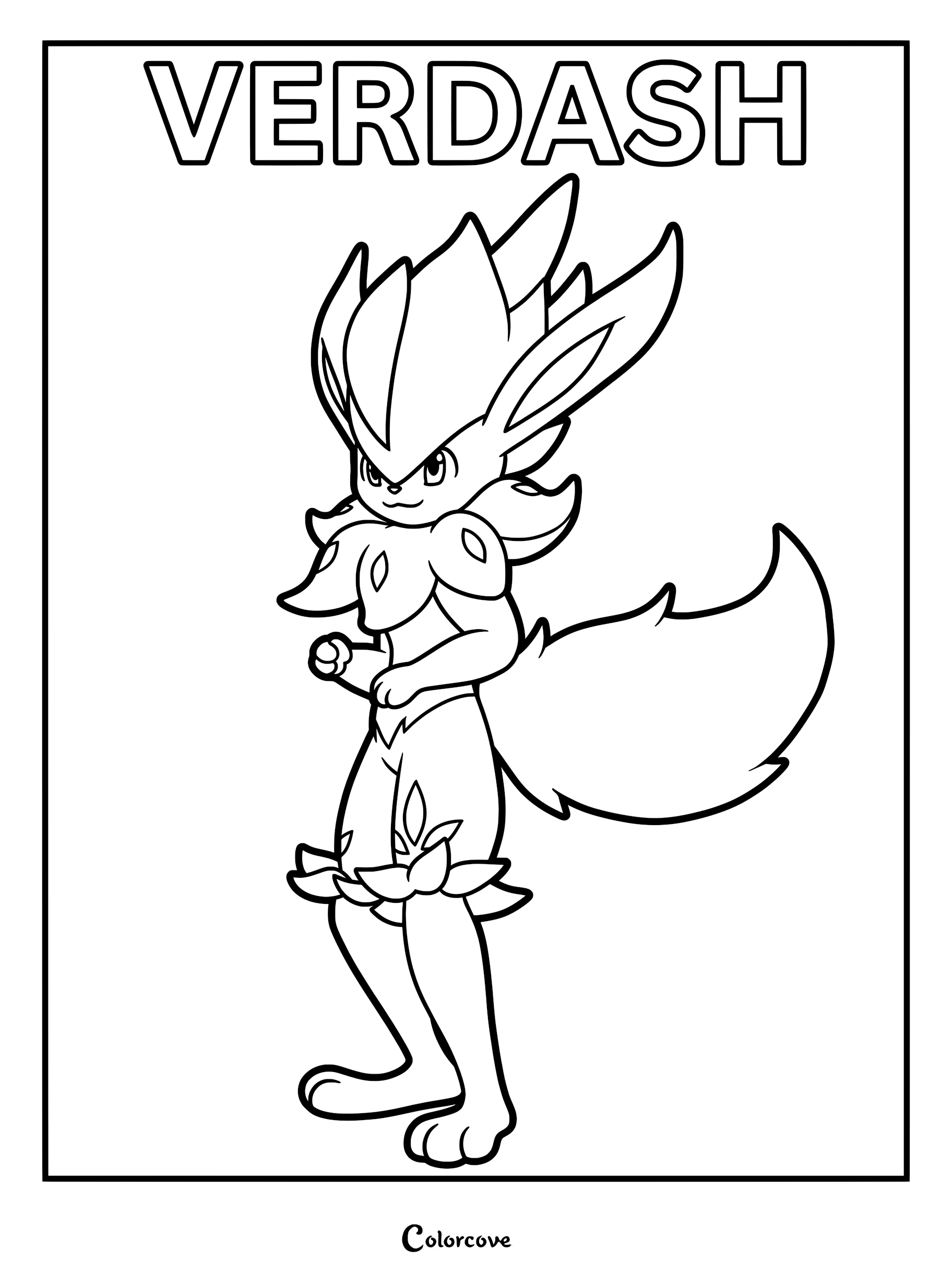 A printable coloring page featuring Verdash from Palworld with its signature leaf-like ears and bushy tail.