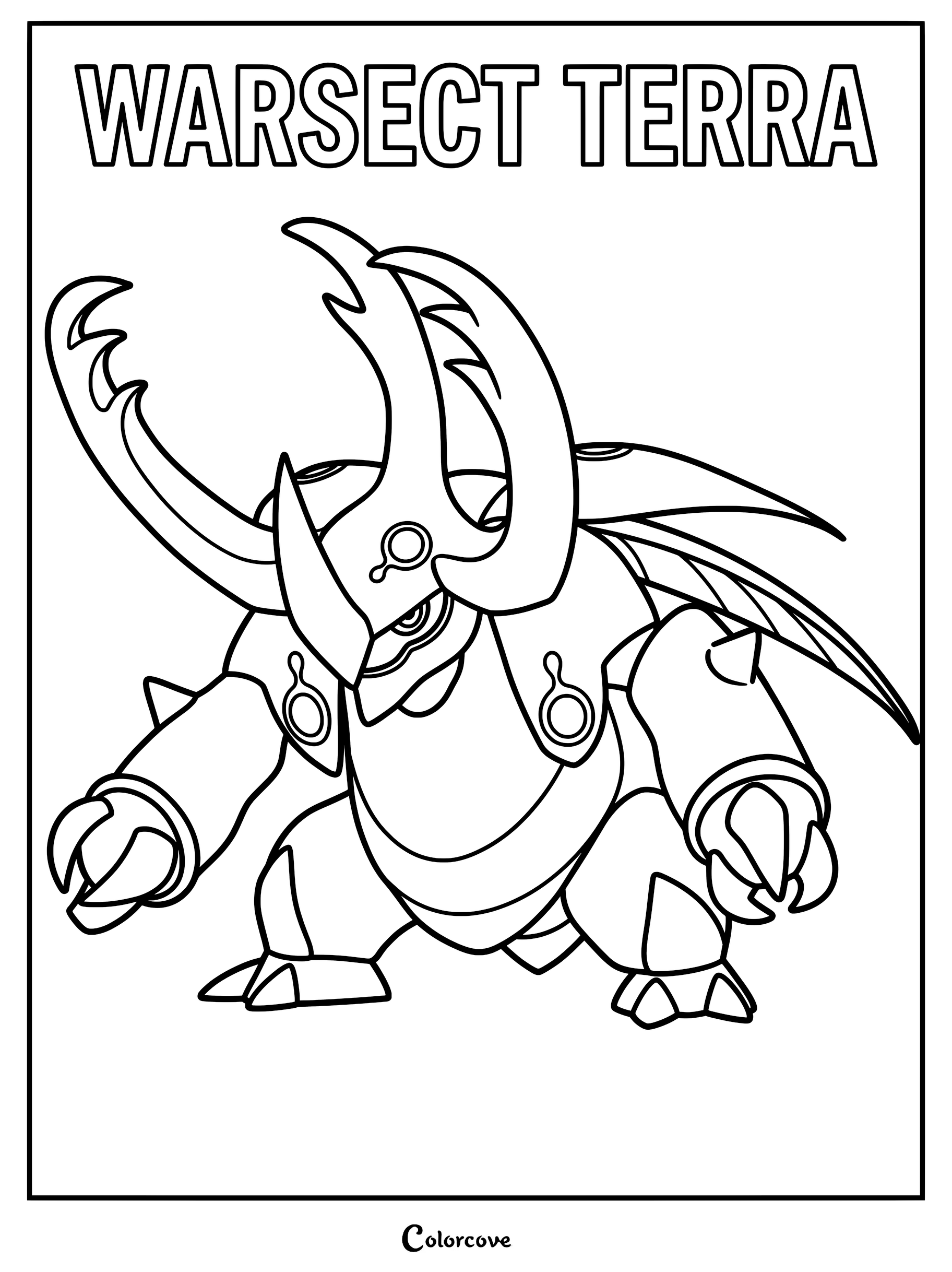 A detailed line art coloring page of the Palworld Pal Warsect Terra, featuring its signature large beetle horns and armored plating.