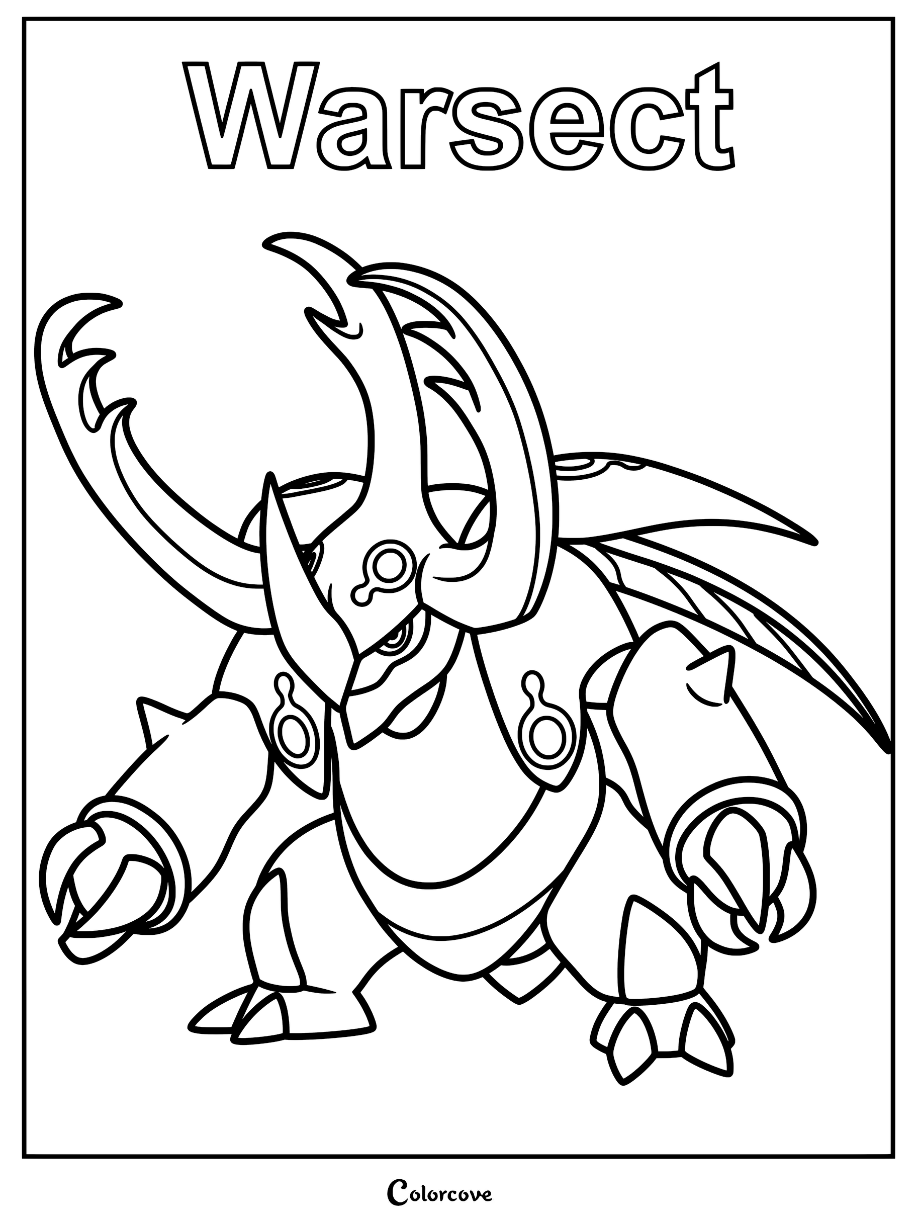 A detailed line art coloring page of the Palworld Pal Warsect, featuring its large beetle-like horns, armored body, and sharp claws.