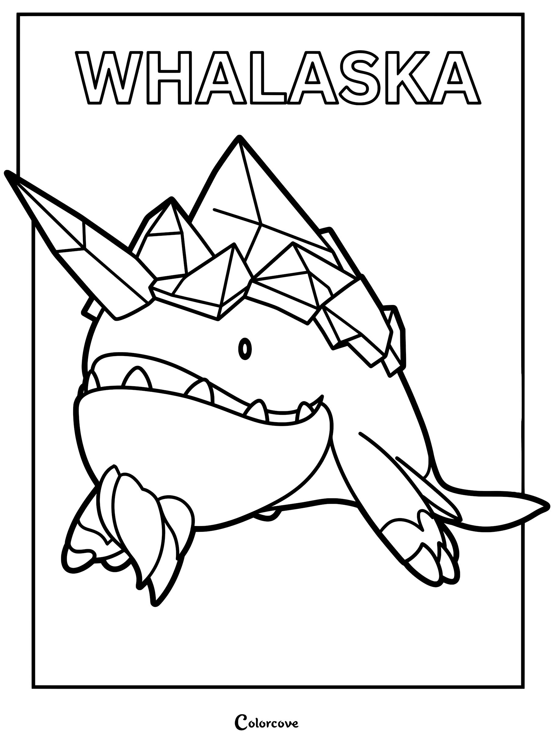 Whalaska from Palworld with large ice crystals on its back, presented as a printable coloring page.