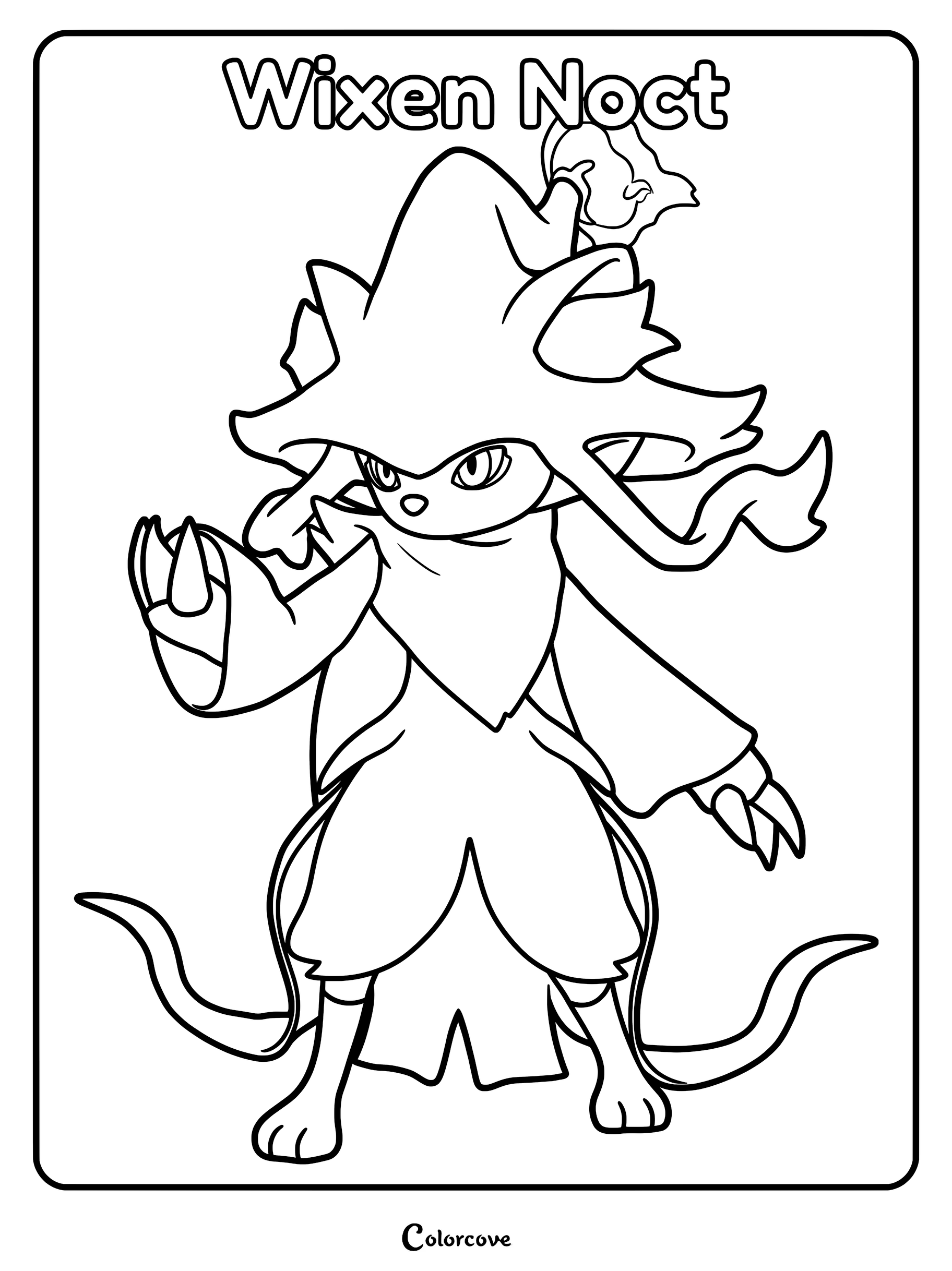 Wixen Noct from Palworld standing in a mystical pose, featuring a large hat and flowing robes, presented as a printable coloring page.