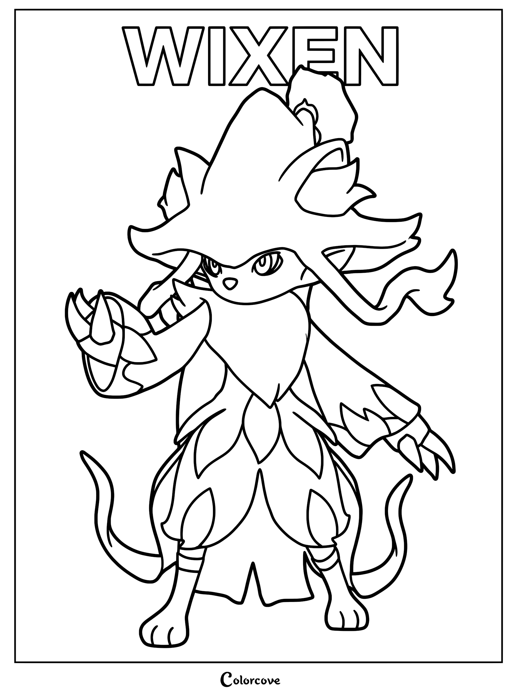 Wixen from Palworld standing in a dynamic pose, featuring its signature pointed hat and flowing robes in a printable line art coloring page.