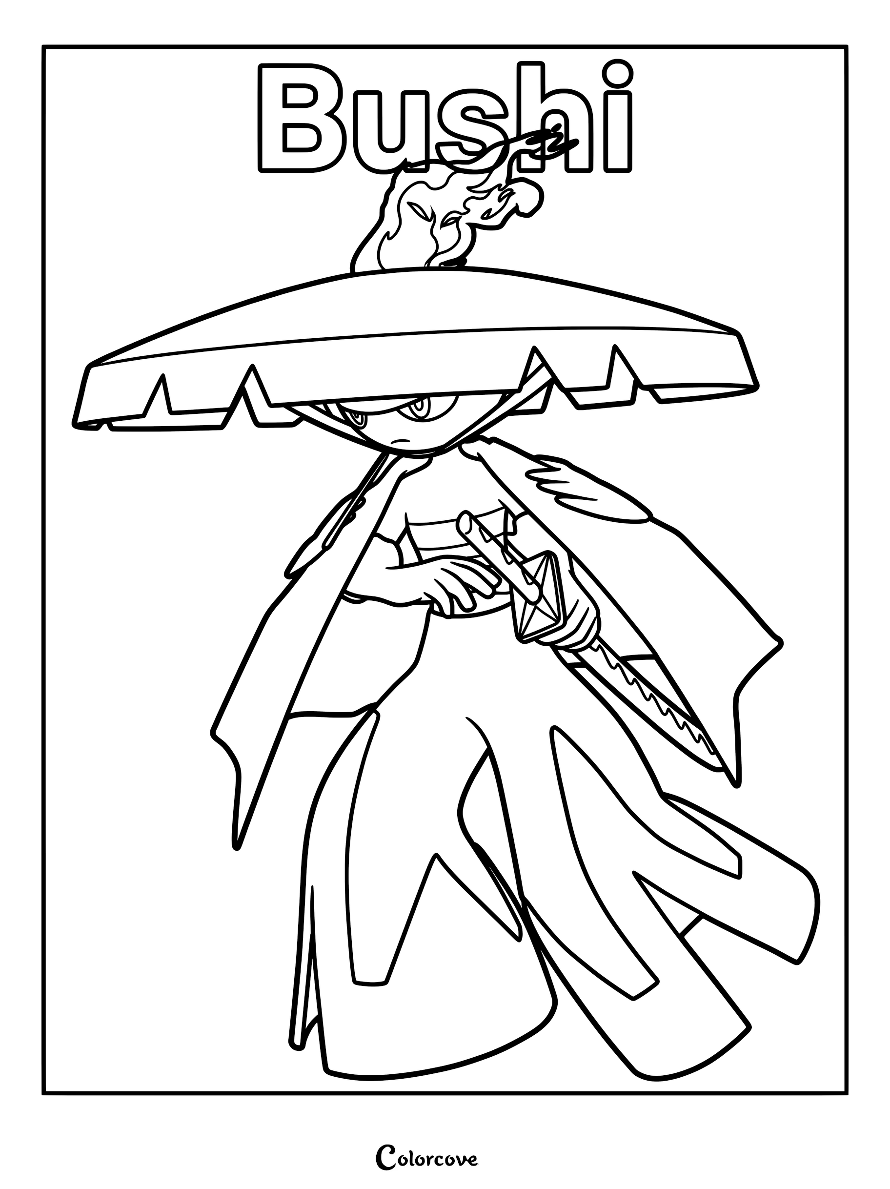 Bushi from Palworld holding a katana, wearing a wide hat, line art coloring page.