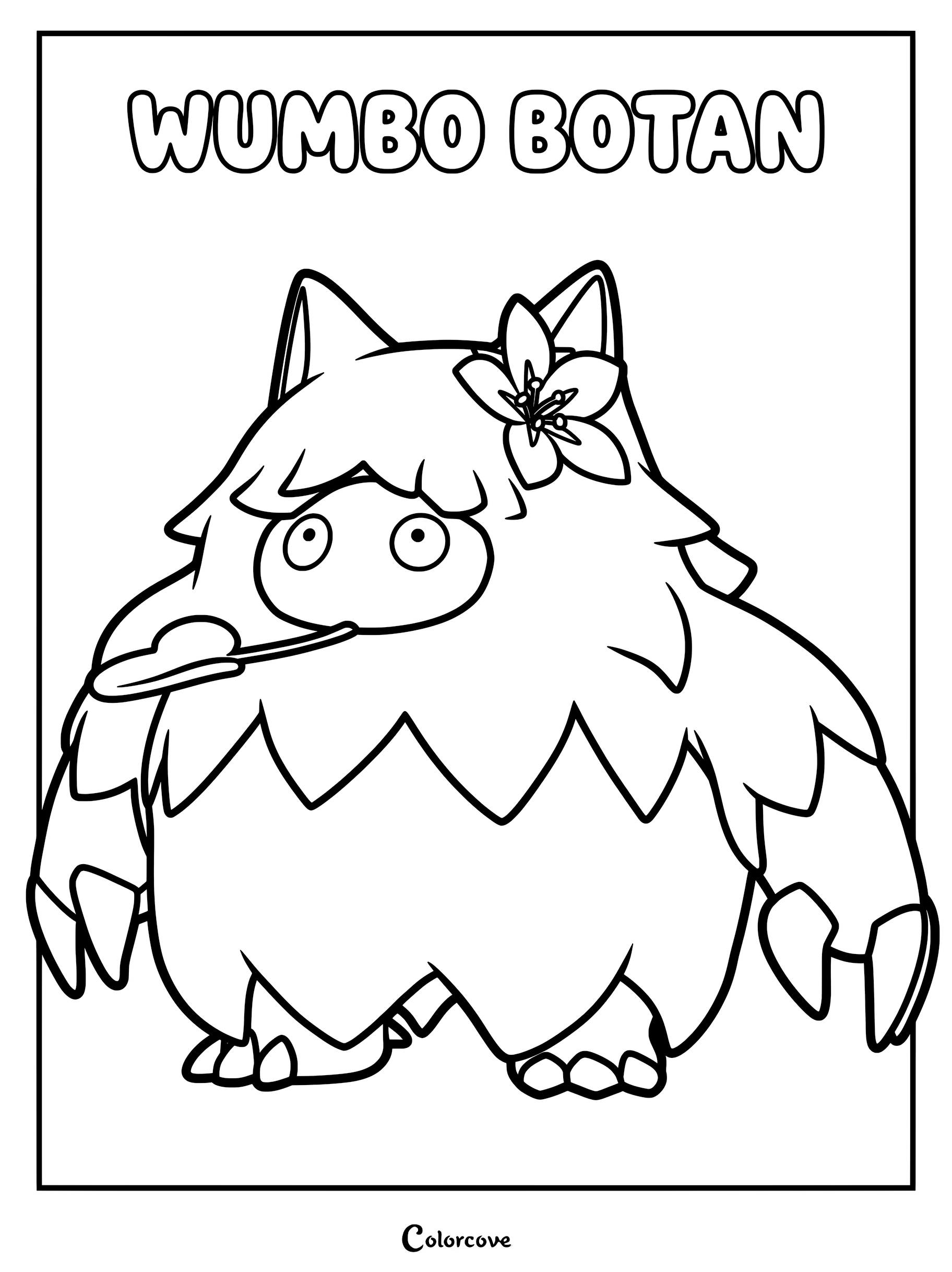 A printable coloring page featuring the Palworld character Wumpo Botan with a flower on its head and a leaf in its mouth.