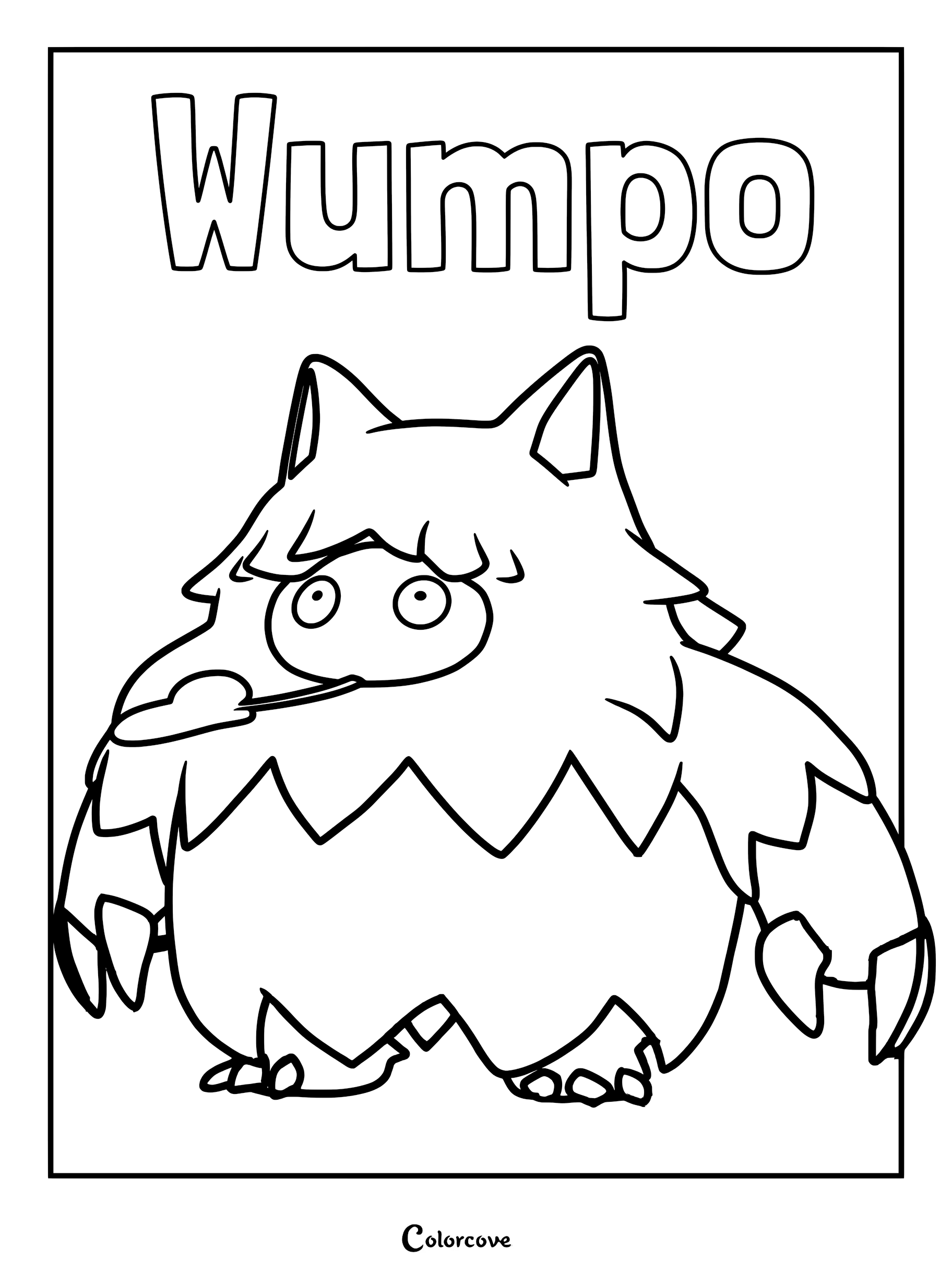 A printable Wumpo coloring page featuring the large, fluffy Pal with a leaf in its mouth.