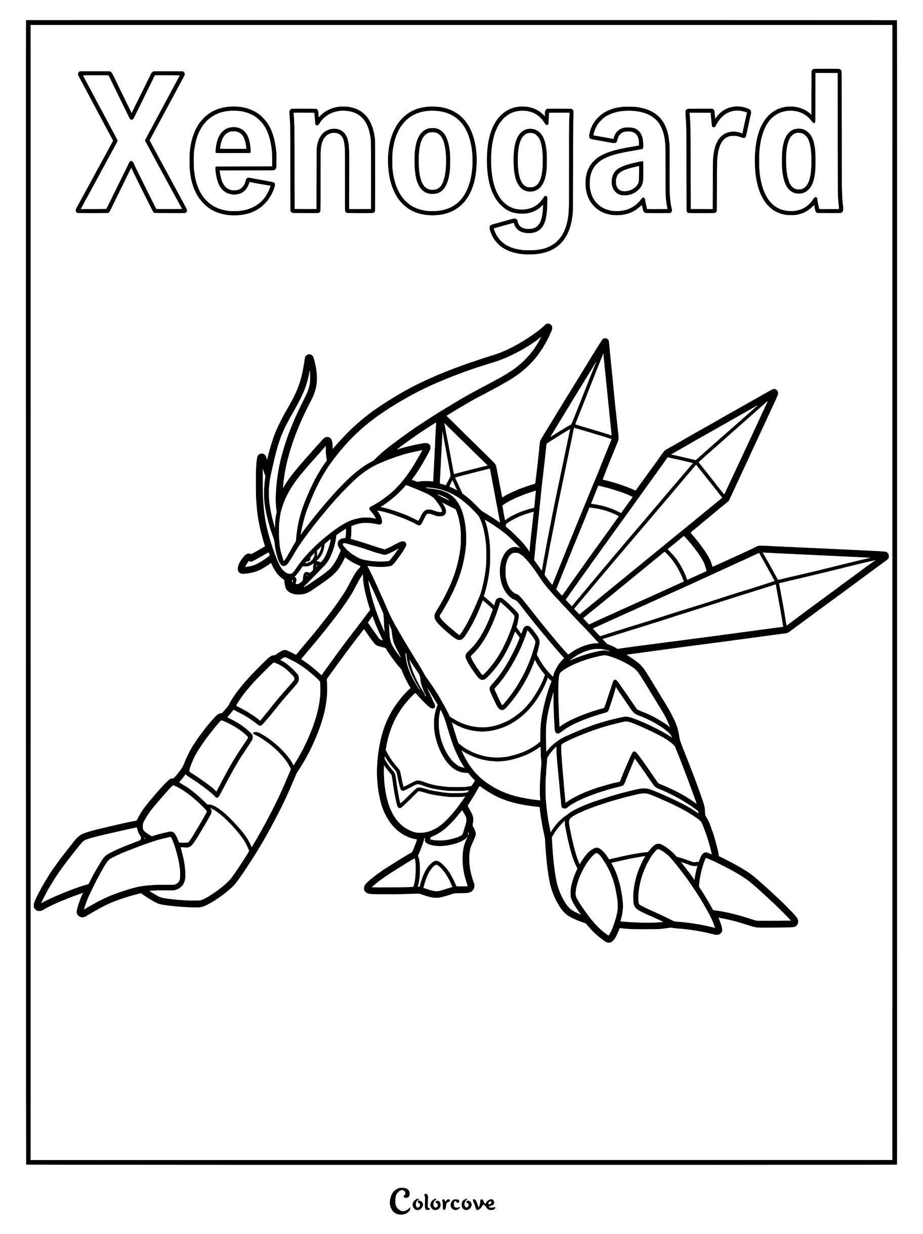 Xenogard from Palworld standing in a powerful pose, featuring its signature crystal back spikes and large armored claws in a printable coloring page format.