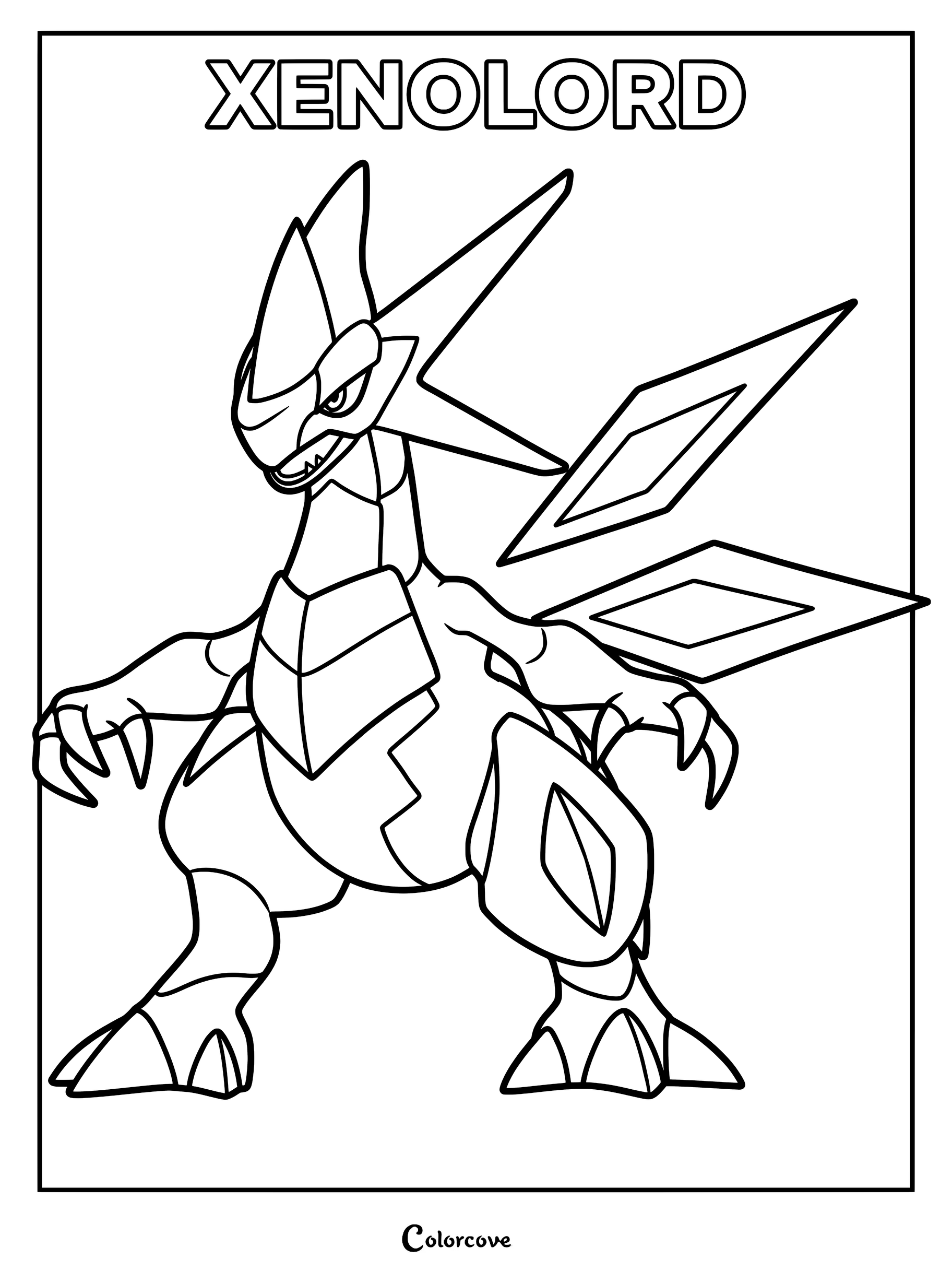 Xenolord from Palworld standing in a dynamic pose, featuring sharp head crests and floating diamond-shaped wings in a printable coloring page format.