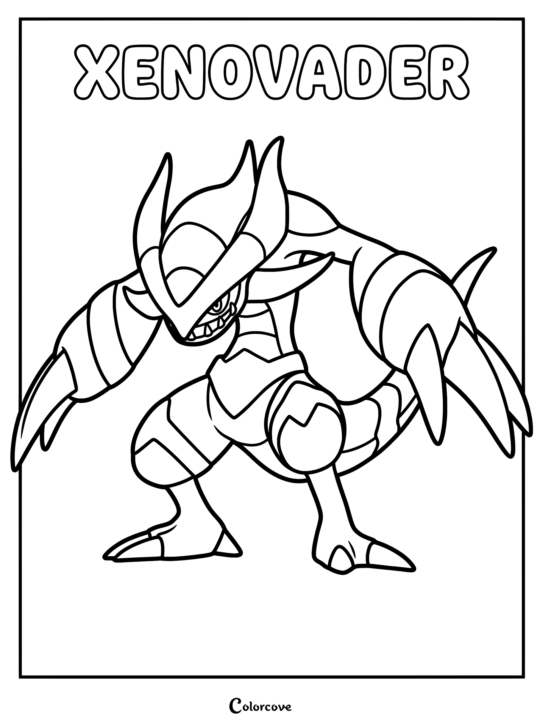 Xenovader from Palworld in a dynamic pose, featuring sharp claws and horns, presented as a printable coloring page.