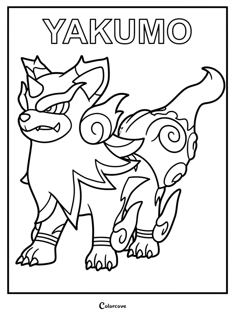A detailed line art coloring page of the Palworld creature Yakumo standing in a proud pose with its signature swirling fur patterns and horn.