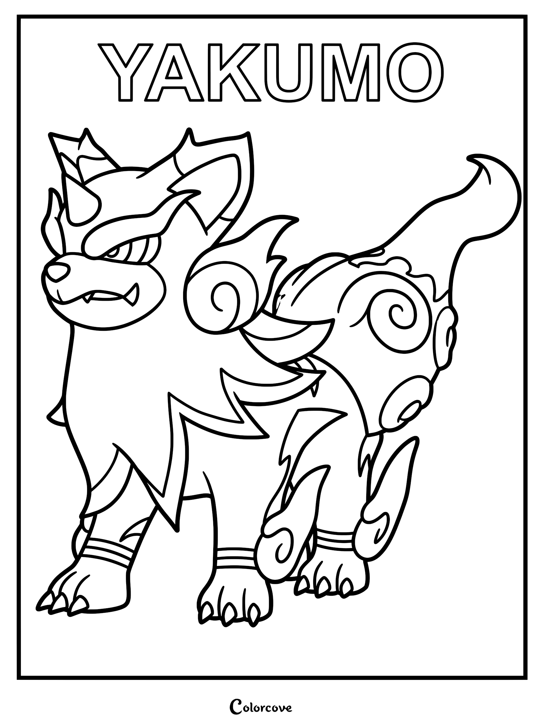 A detailed line art coloring page of the Palworld creature Yakumo standing in a proud pose with its signature swirling fur patterns and horn.