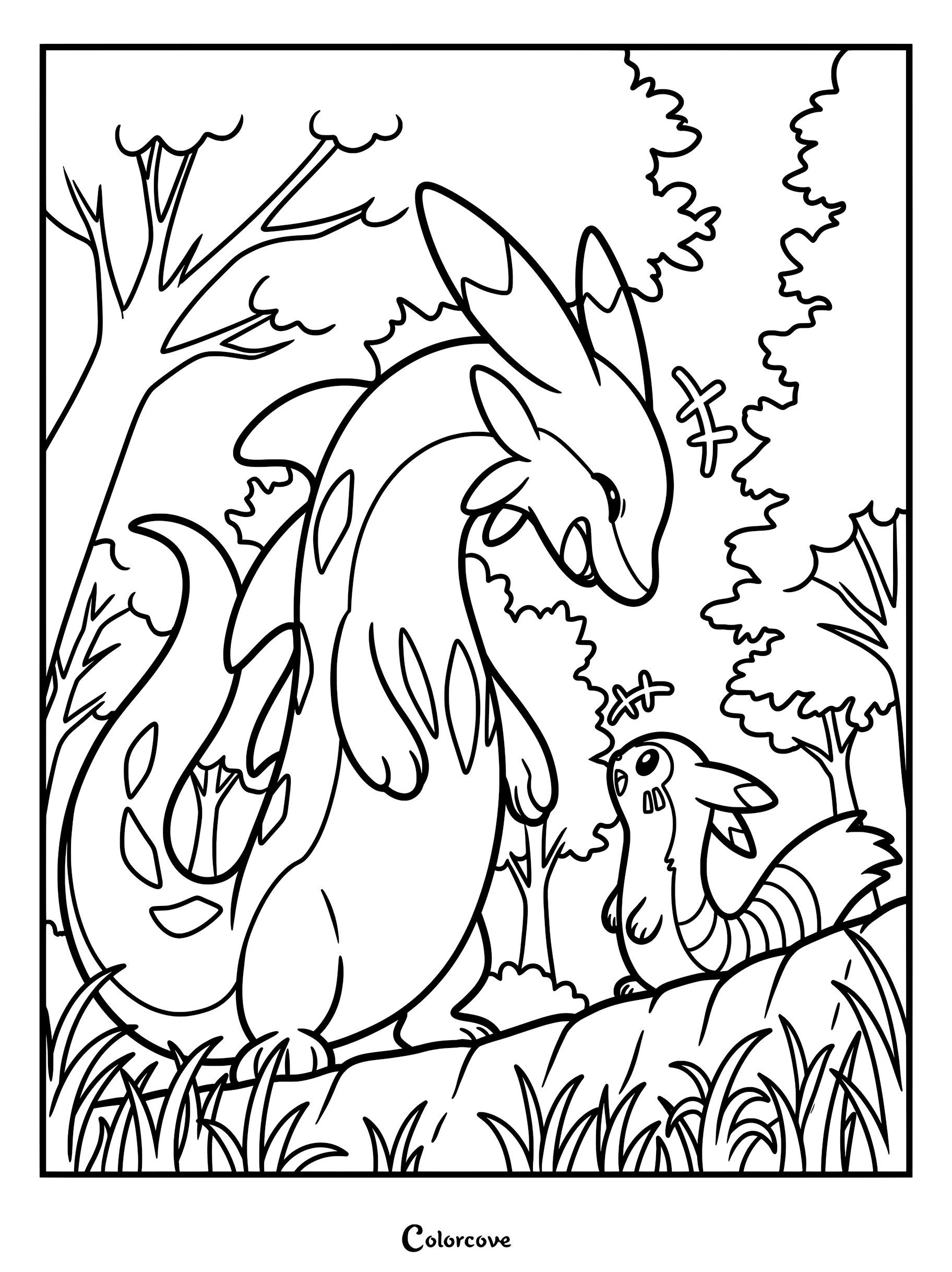 Chillet and Furret standing together in a forest setting in this printable coloring page.